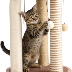 Cat Scratching Post – 3 Scratcher Posts with Carpeted Base Play Area and Perch – Furniture Scratching Deterrent for Indoor Cats by PETMAKER (Brown), Large