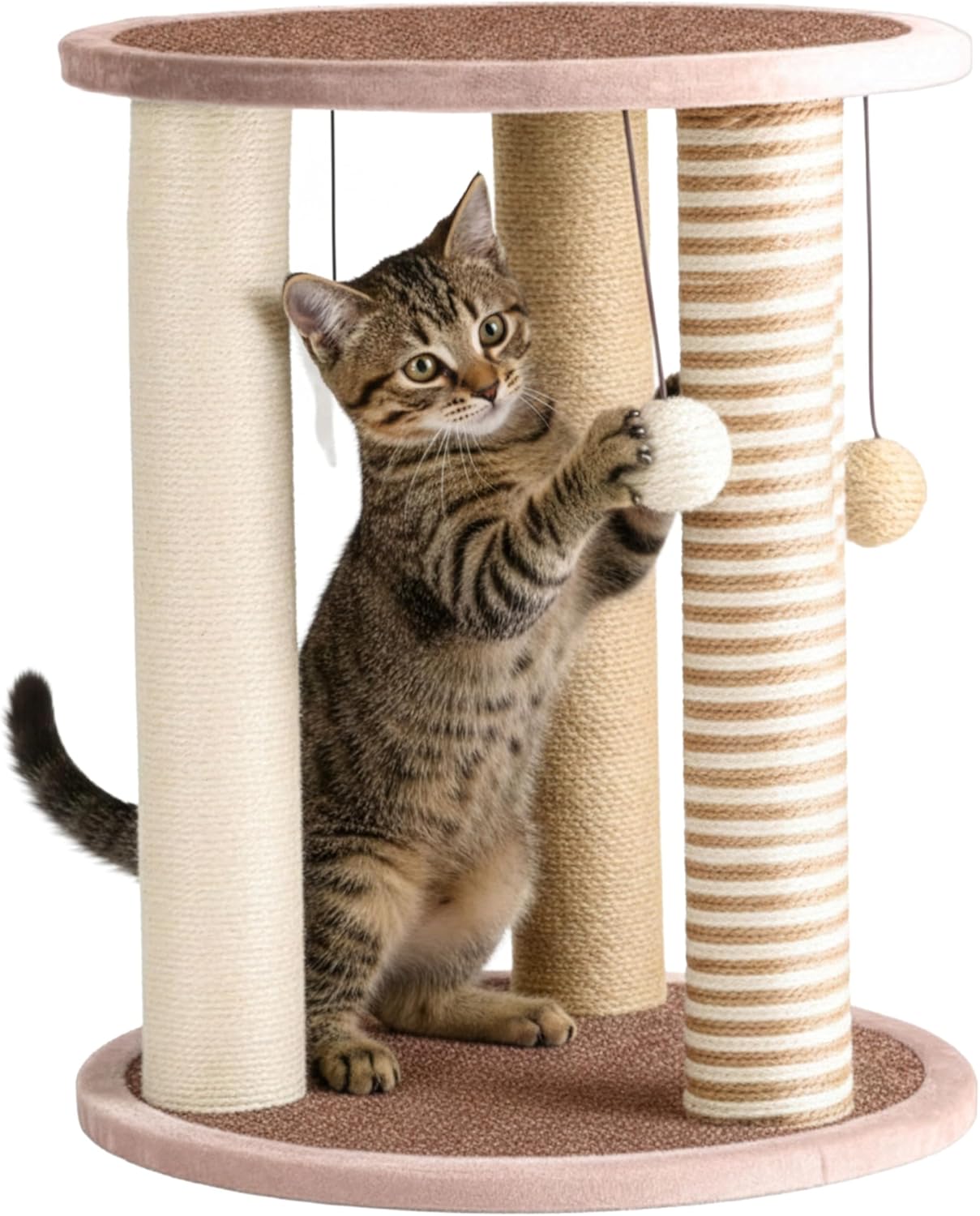 Cat Scratching Post - 3 Scratcher Posts with Carpeted Base Play Area and Perch - Furniture Scratching Deterrent for Indoor Cats by PETMAKER (Brown), Large