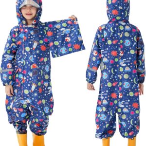 Kids Toddler Rain Suit for Boys Girls One Piece Hoodie Zipper Cartoon Waterproof Coverall Rain Jacket 1-10 Years