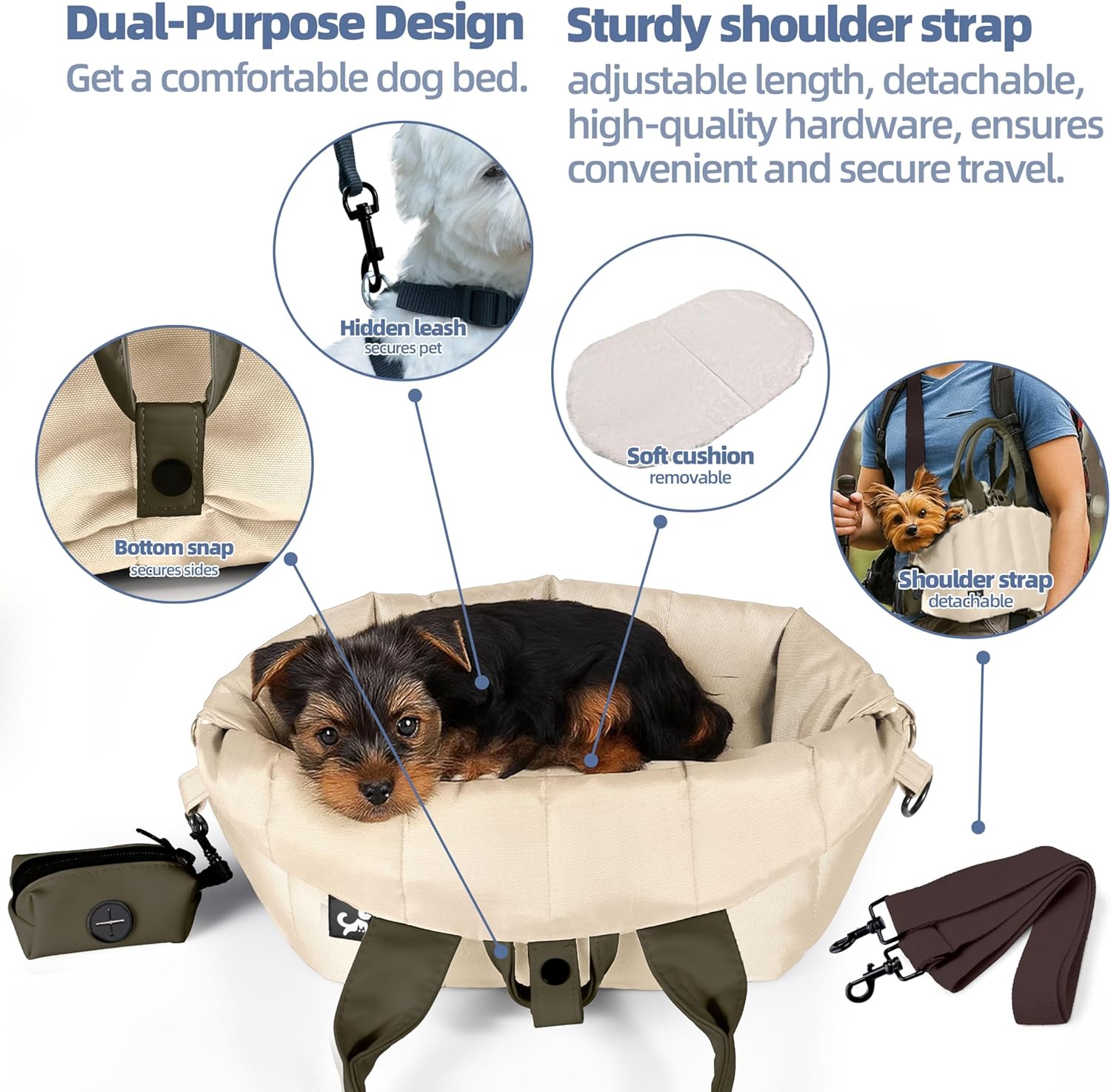 Sytopia Small Dog Carrier Purse, Portable Pet Carrier Tote Carrier with Pockets, Adjustable Safety Leash, Waterproof Dog Travel Bag, Travel Pets Purse up to 4 Lbs, Cream Beige - Image 3