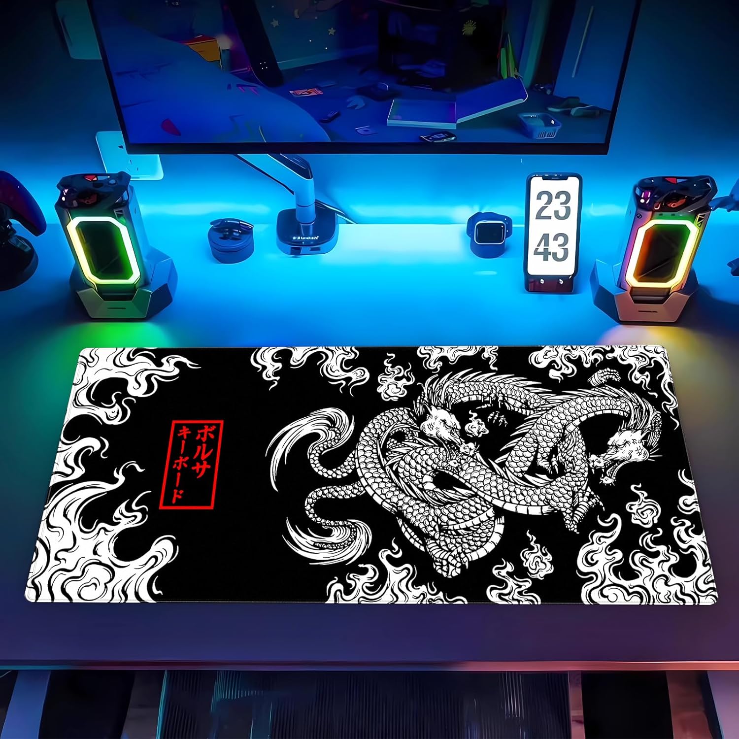 Black and White Mouse Pad Extra Large Gaming Mousepad XL Dragon Desk Mats Japanese Full Desk Keyboard Mat Computer Pad Desk Matt with Stitched Edges Non-Slip Desktop Mat 31.5 x15.7 in - Image 7