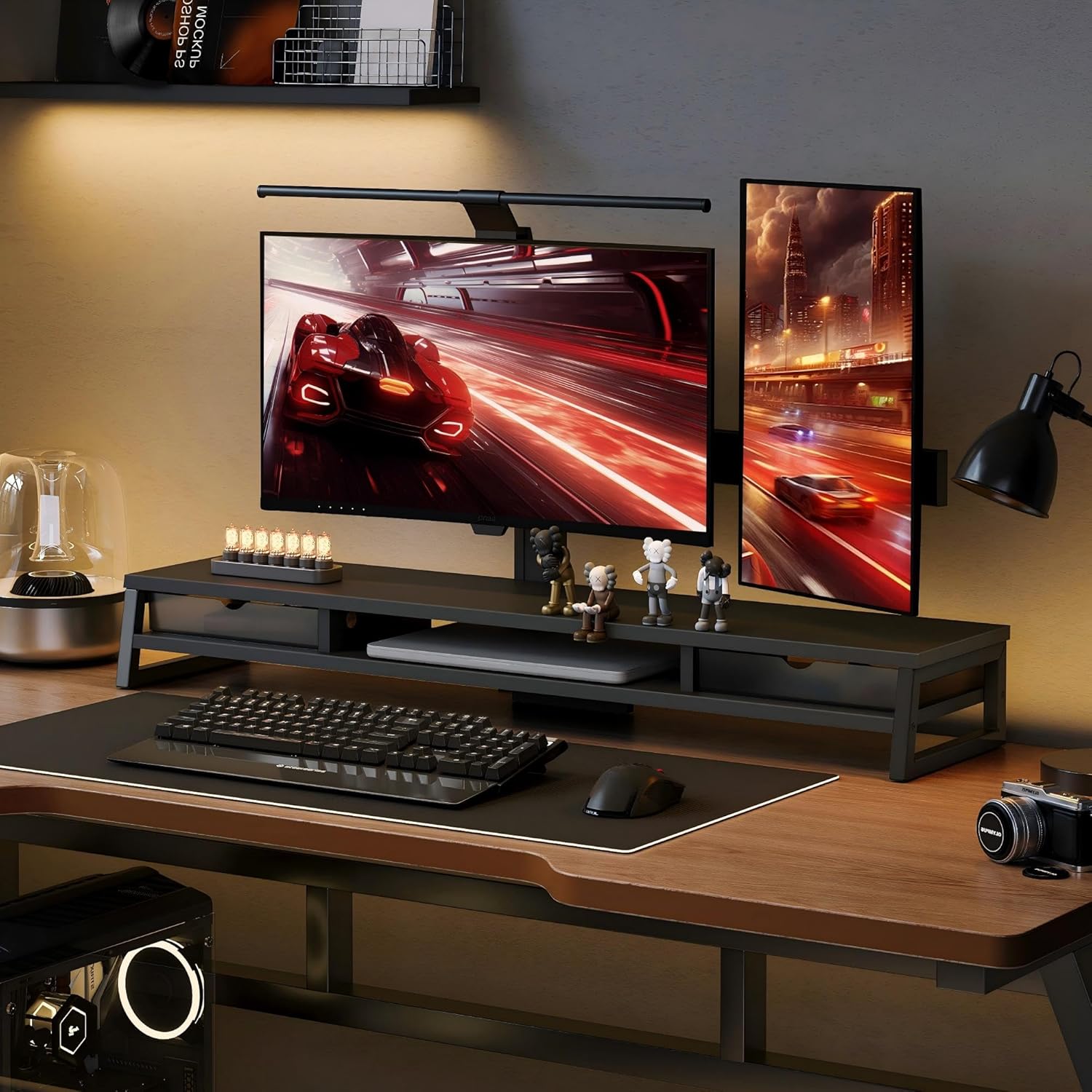 Fenge Dual Monitor Stand, Monitor Riser with Drawer, 42.5 Inch Large Computer Monitor Stand for 2 Monitors, 2 Tier Wooden Desk Shelf for Top of Desk - Image 8