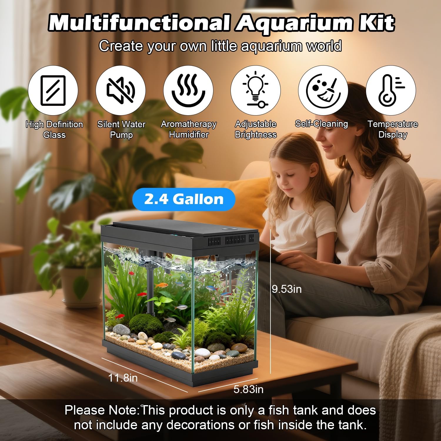 Smart Aquarium Fish Tank with Silent Water Pump, 2.4 Gallon Small Aquarium with Quick Start Kit, Temperature Display, Humidifier and RGB Lights, Perfect for Home, Office, and Decor, Black - Image 2