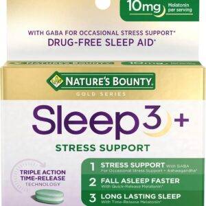 Nature’s Bounty Sleep + Stress Support, Sleep3 Maximum Strength 100% Drug Free Sleep Aid, Dietary Supplement with Ashwagandha, Time Release Technology, 10mg, 28 Tri-Layered Tablets