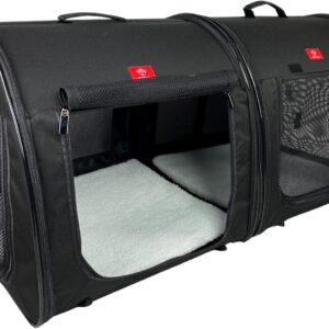 One for Pets Portable 2-in-1 Double Pet Kennel/Shelter, Fabric, Black 20″x20″x39″ – Car Seat-Belt Fixture Included