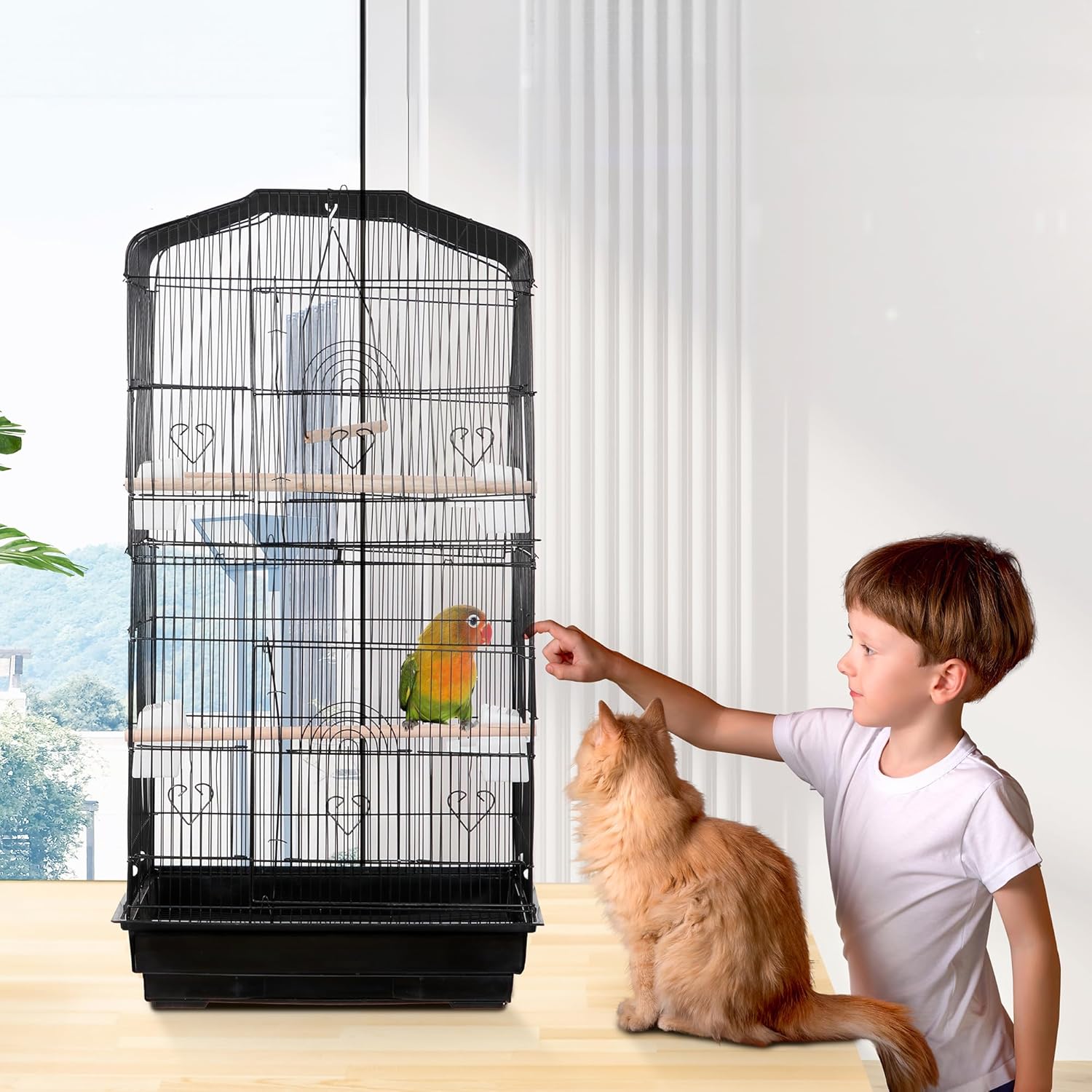 ZENY 63.4 Inch Bird Cage, Rolling Wrought Iron Parrot Cage with Side-Out Tray, Storage Shelf, Pet Bird House for Parrot Cockatiel Cockatoo Parakeet Macaw Finches - Image 5