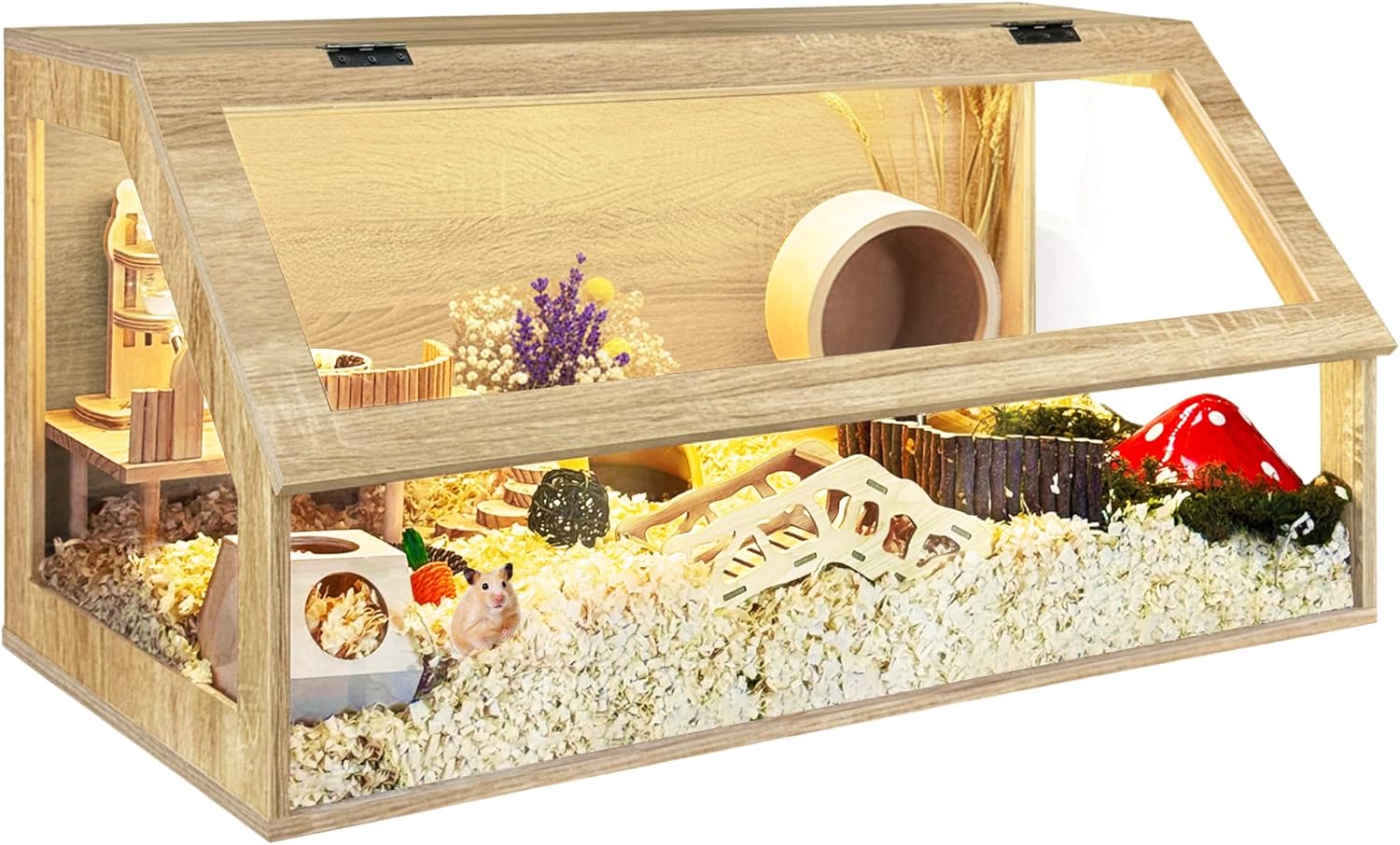 PROLEE Hamster Cage Chewproof, 40" x 20" x 20" Sloped Mice and Rat Habitat with Clear View, Solid Built with Lockable Design and Openable Top (White Oak)