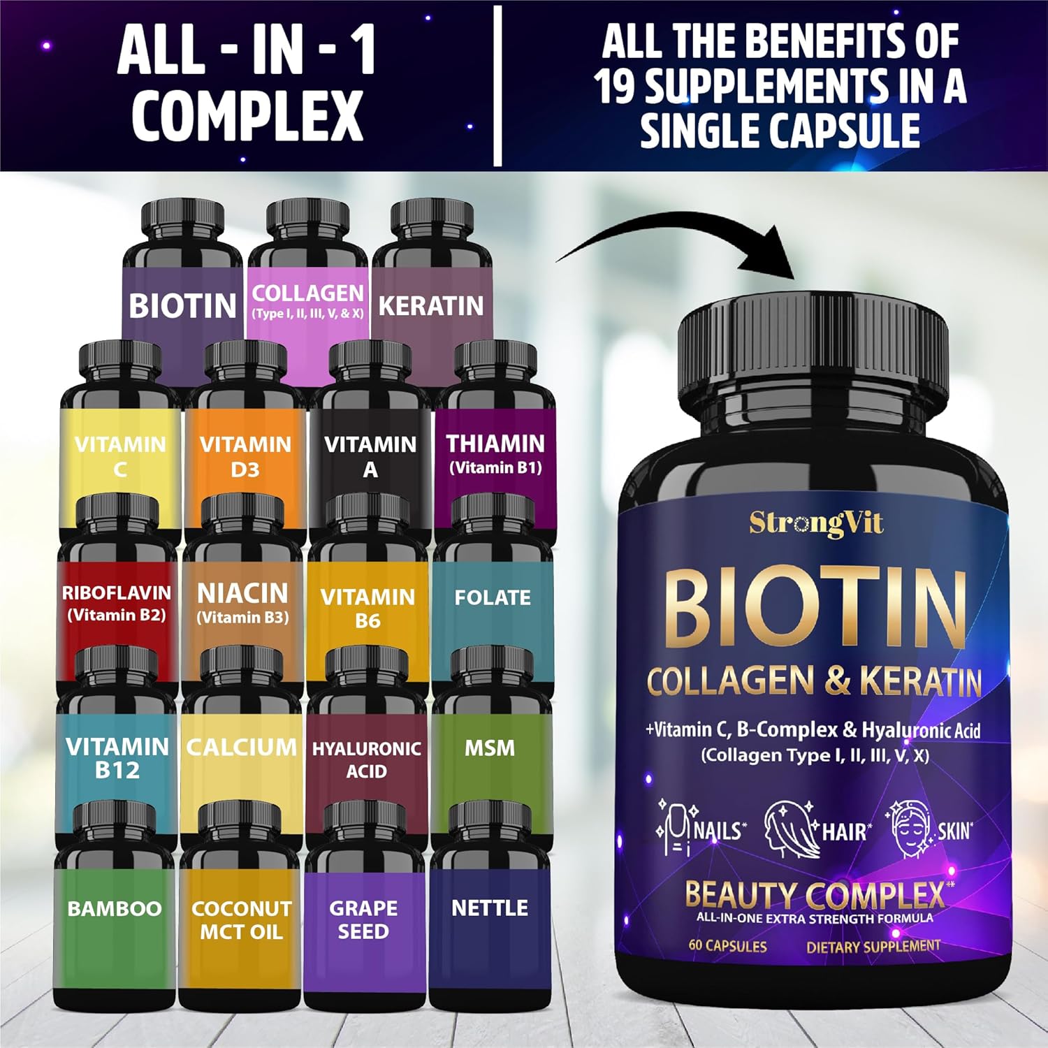 StrongVit Biotin with Hyaluronic Acid, Keratin and Collagen Supplements - 10000mcg for Hair Growth Women and Men - Hair Skin and Nails Vitamins - 60 Capsules - Image 7