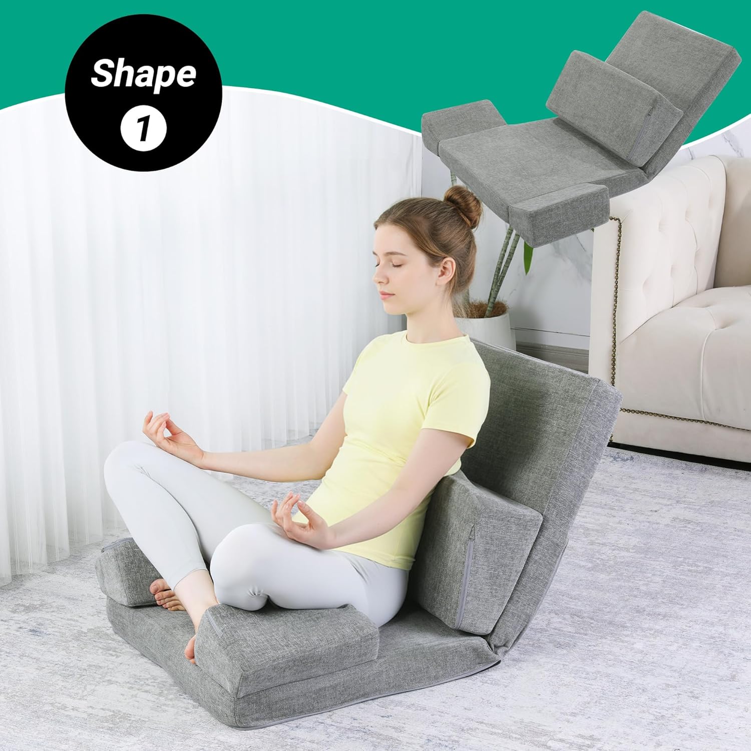 HOMBYS Pro Meditation Cushion Set with Adjustable Back Support, Large 3-in-1 Floor Sitting Chair for Yoga & Meditation, Extra Thick Yoga Pillows for Adults with Knee Support, Grey - Image 4