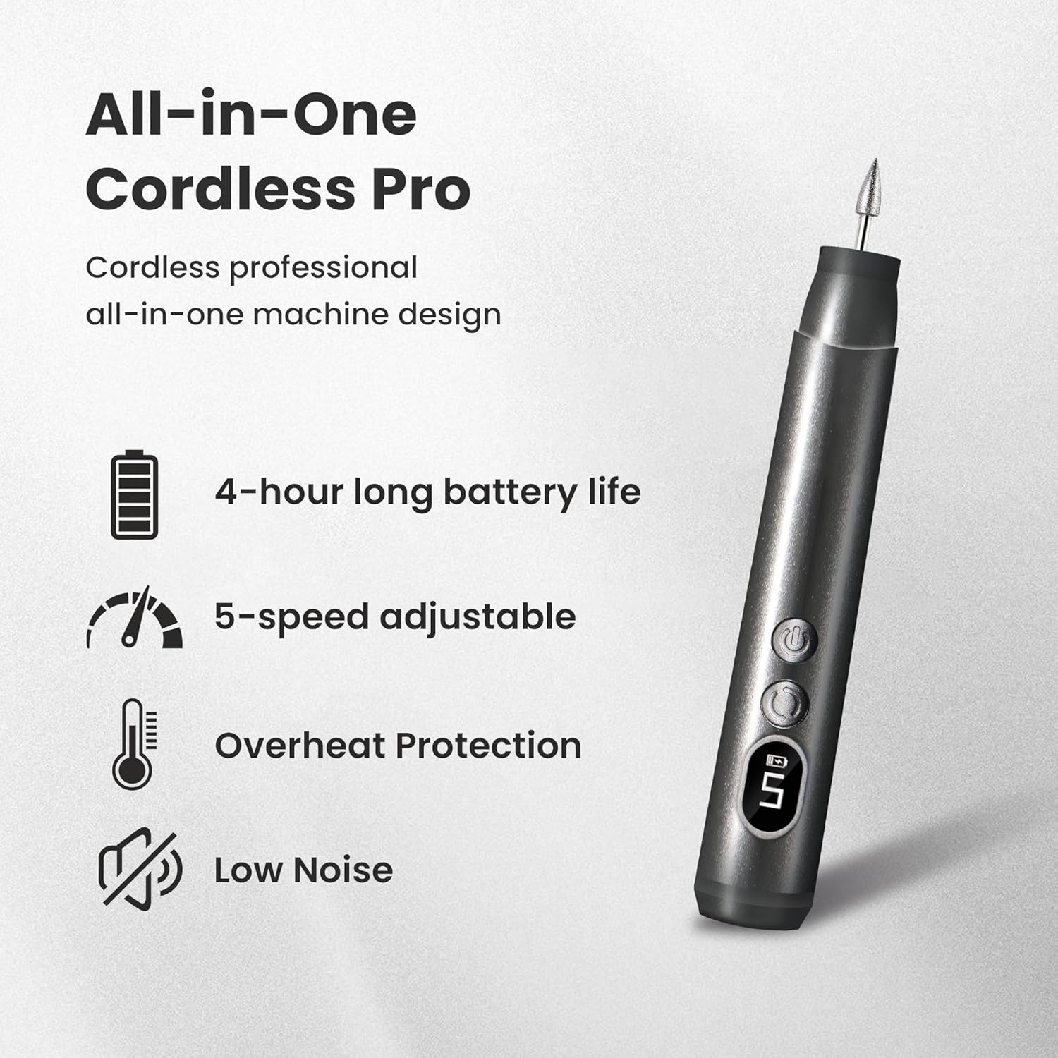 Beginner Nail Drill Kit (Ideal for Nail Beginners!) – Easy & Gentle Practice for Home Learning, 5 Adjustable Speeds with LED Light, Cordless Rechargeable, Lightweight Grip (Grey) - Image 4