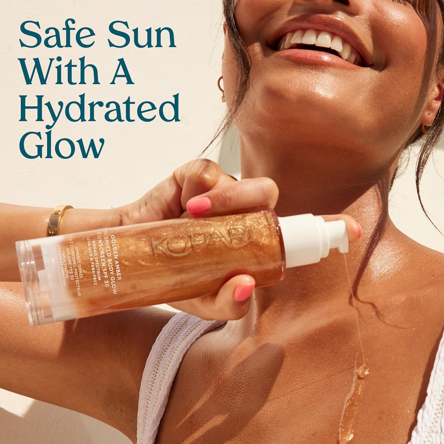 Kopari Sun Shield Body Glow, Broad Spectrum SPF 30, Lightweight Shimmering Gel Texture Absorbs Quickly, Non Sticky, Glowing Results, Golden Amber 5 oz - Image 4