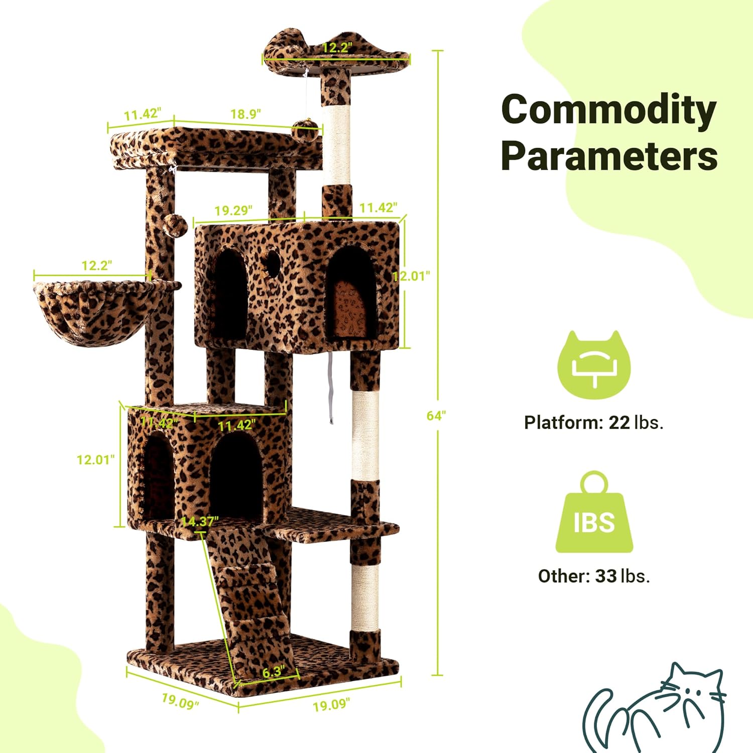 Allewie 64 Inches Cat Tree Tower/Multi-Level Activity Center for Indoor Big Felines/2 Plush Condos/2 Perchs/Basket/House/Sisal Scratching Posts/Hanging Cat Toys/Leopard Print - Image 3