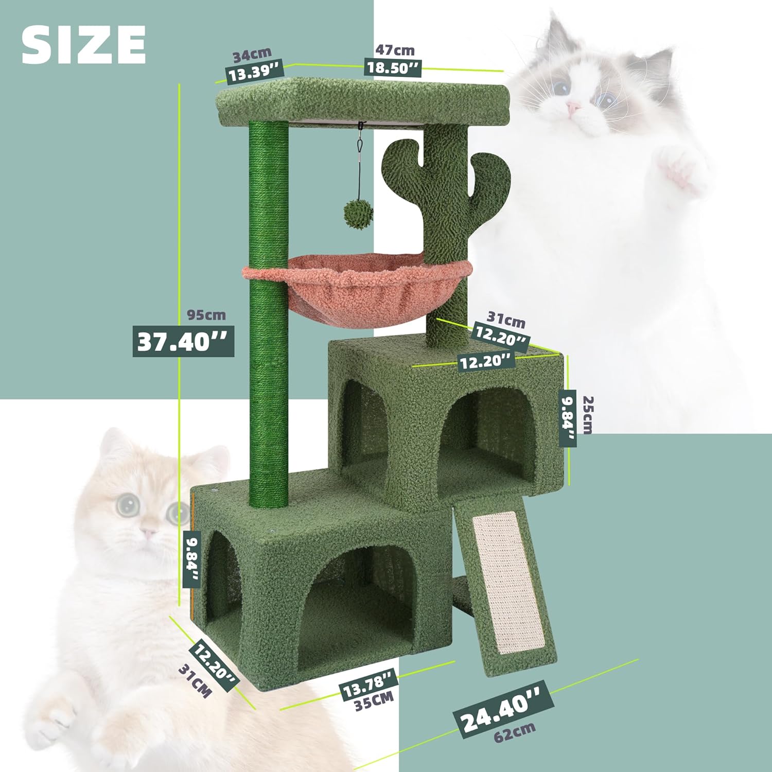 ROYPET Cactus Cat Tree Tower with Twin Cat Condos for Indoor Cats, All-in-One Activity Center with Cat Scratching Post Cozy Sleeping Perch Hammock Scratching Pad and Toy Balls,Green - Image 2