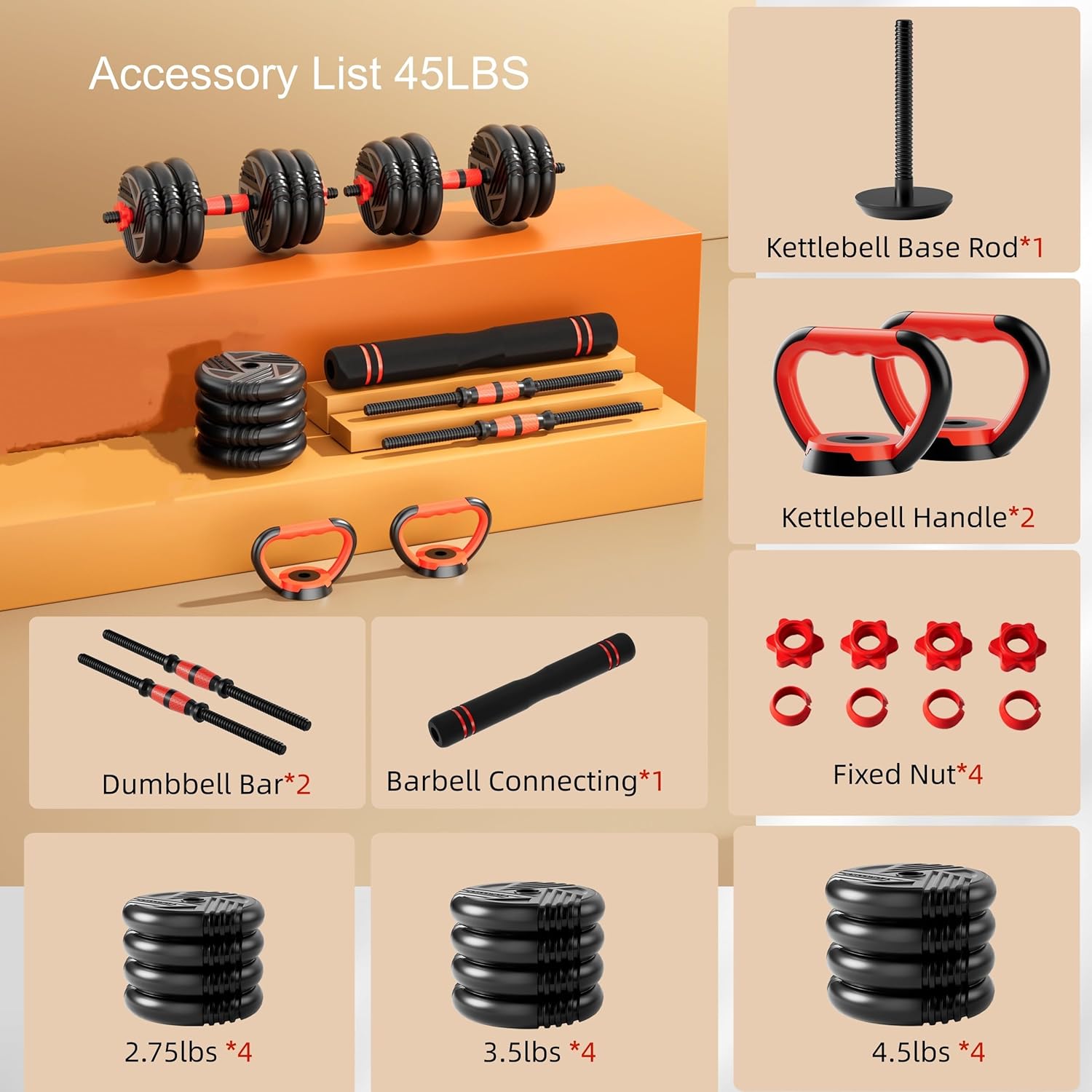 Adjustable Dumbbell Set, 10/20/30/45/70/90lbs, 5 in 1 Multi-Function Dumbbells Set Converts to Barbell & Kettlebell, Weight Set for Home Gym Workout, Suitable for Men/Women Strength Training - Image 7