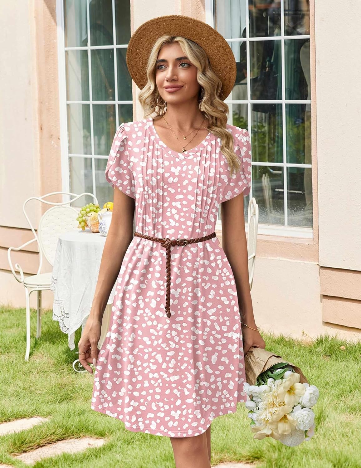 Zeagoo Summer Dresses for Women Casual A Line Dress 2026 V Neck Short Dresses Floral Sundress Pleated Boho Dress - Image 4