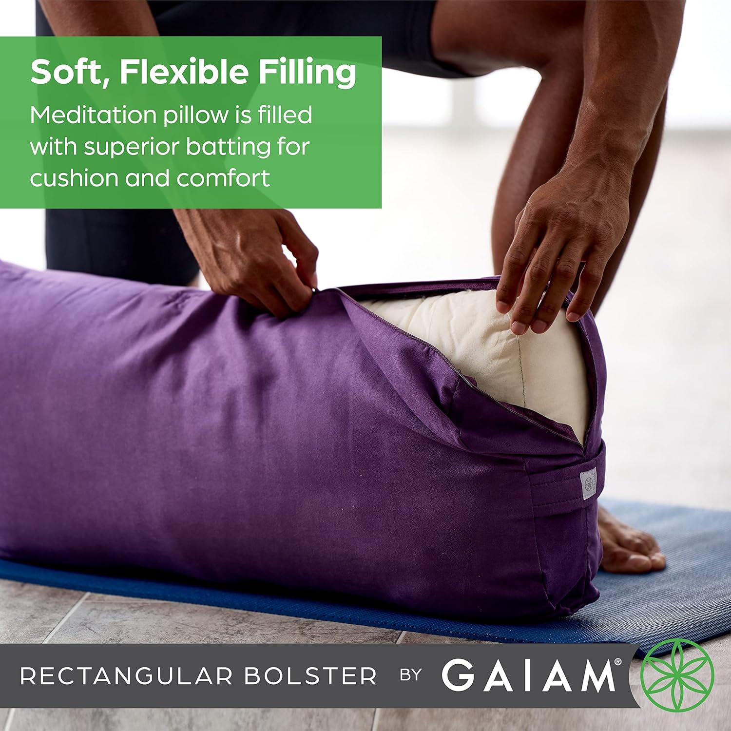 Gaiam Yoga Bolster Pillow, Soft Meditation Cushion for Yoga, Massage and Back Support, Breathable Cotton Fill, Zippered Microfiber Cover, Easy-Carry Handle, Machine Washable - Image 2