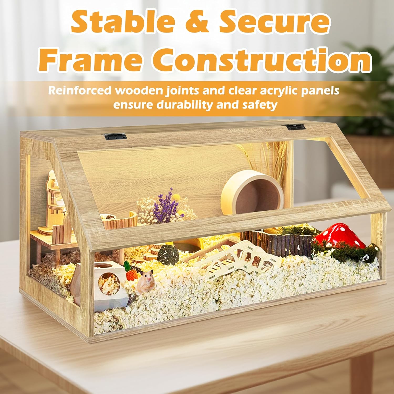PROLEE Hamster Cage Chewproof, 40" x 20" x 20" Sloped Mice and Rat Habitat with Clear View, Solid Built with Lockable Design and Openable Top (White Oak) - Image 6