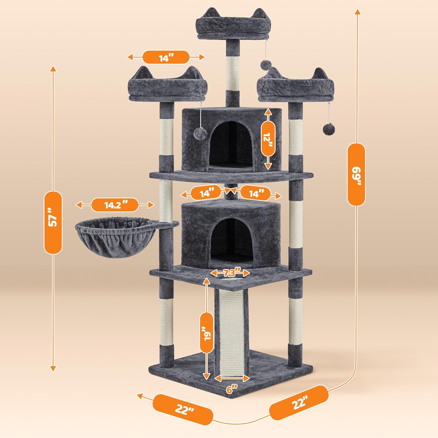 Yaheetech | 68.5in Cat Tree | for Large Cats | Multi-Level Cat Tower with 3 Wide Perches, Large Condo | Stable Pet Play House w/Sisal-Covered Scratching Posts & Board | Dark Gray - Image 7