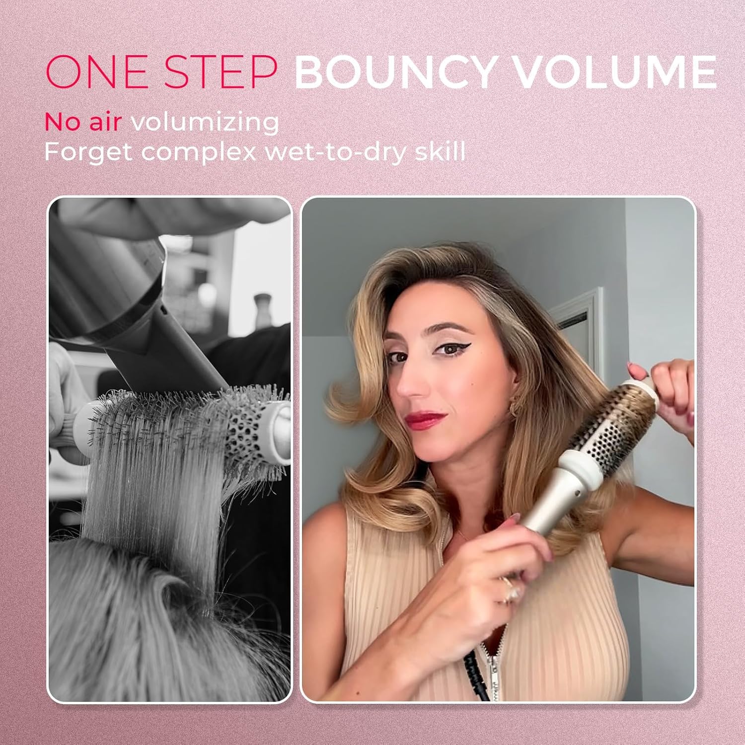 TYMO 2.0 Thermal Brush Curling Brush - STYLUX 1.7" Blowout Volumizer with Flexi-Fit for Hair Straightening, Heated Round Styler Tool, Hair Straightener and Curler 2 in 1, Dual Voltage & Light, Gold - Image 2