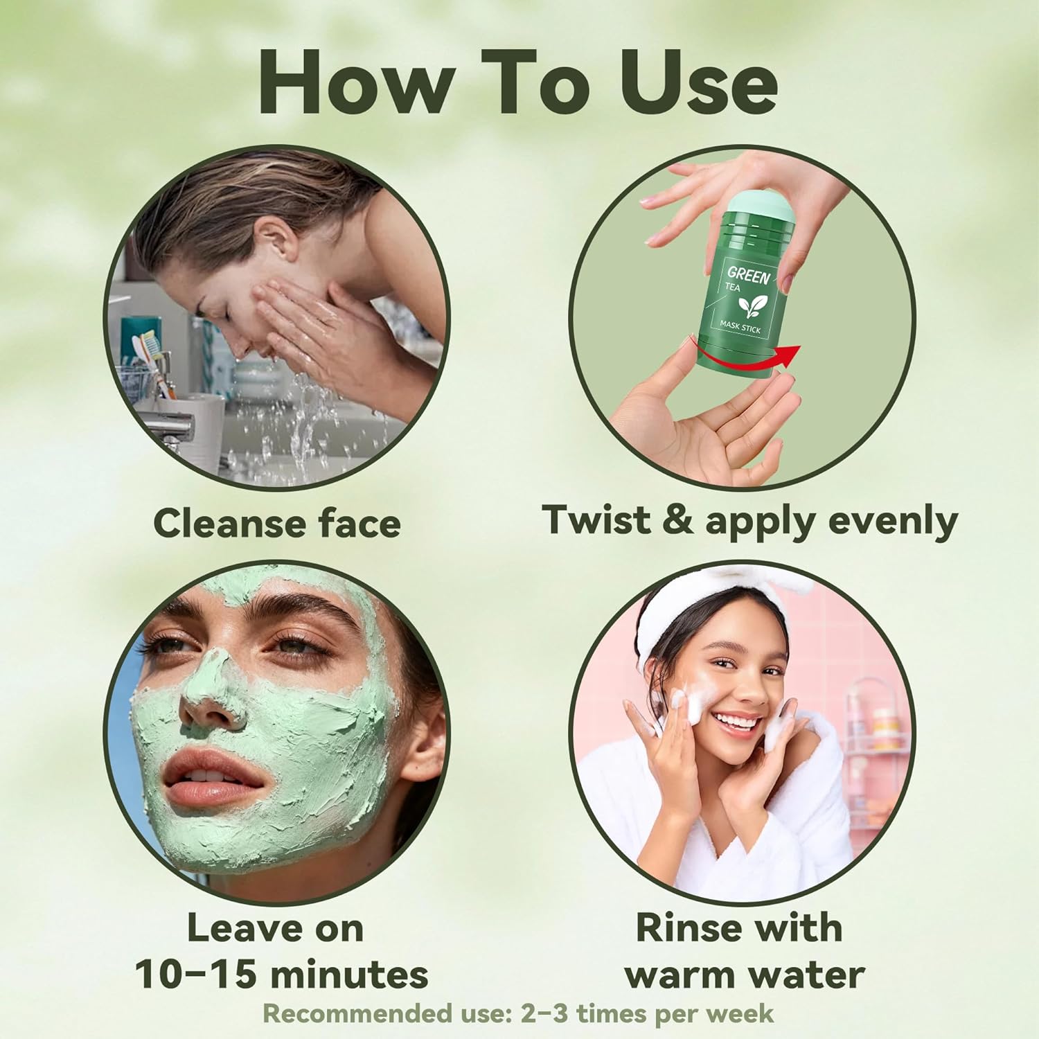 2pcs Green Tea Mask Stick – Deep Cleanse Clay Mask for Face, Blackhead Remover & Pore Cleansing, Oil Control & Hydrating, All Skin Types, Easy Twist-On Application - Image 6