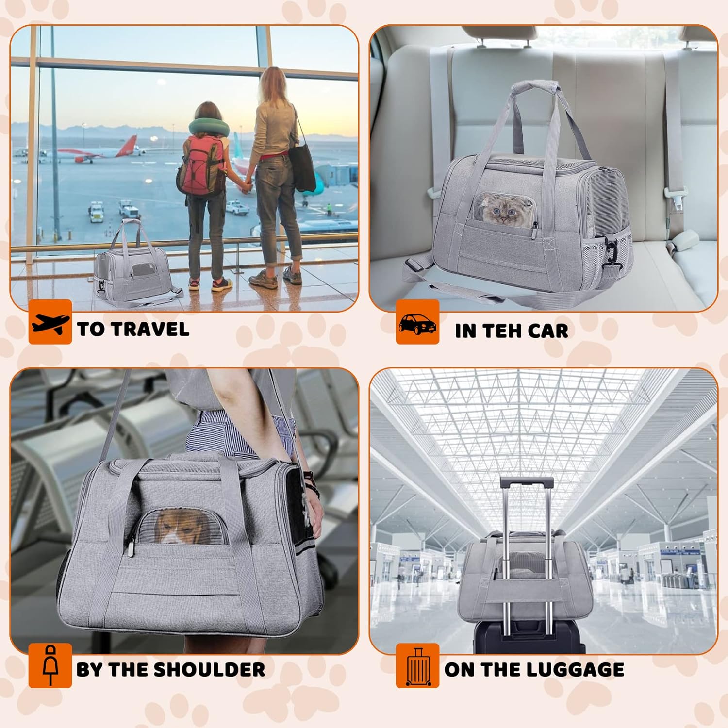 Pet Carrier Bag Airline Approved Up for Cats and Dogs Up to 20LBs, Soft Cat Carrier Dog Carrier Travel Kitten Carrier with Mat, Nail Clipper, Brush, Foldable Bowl Cat Accessories - Image 6