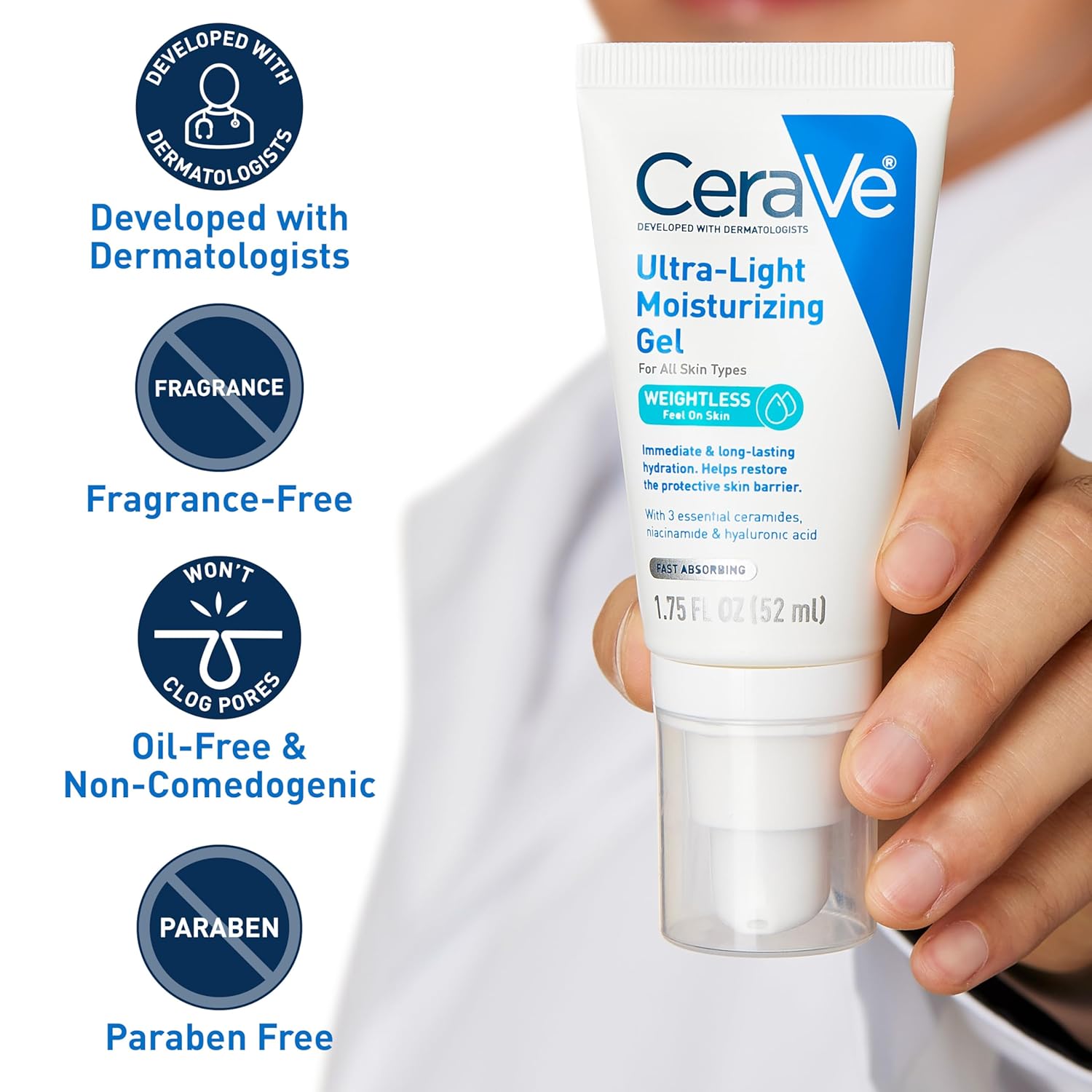 CeraVe Ultra-Light Moisturizing Gel, Hydrating Gel Face Moisturizer For Men & For Women with Ceramides, Niacinamide, Hyaluronic Acid, Fragrance Free, Oil-Free, Mattifying Moisturizer, 1.75 FL Oz - Image 4