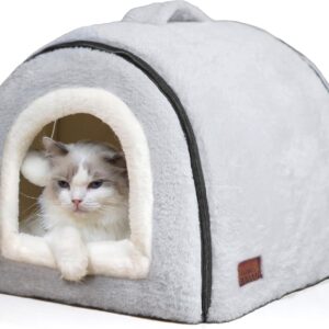 Cat Bed for Indoor Cats，Foldable cat cave，Anti-Slip & Water-Resistant Bottom，cat Houses for Indoor Cats or Small Dogs, Kitten Tent, Rabbit Bed，2 in 1 pet Bed (Grey)