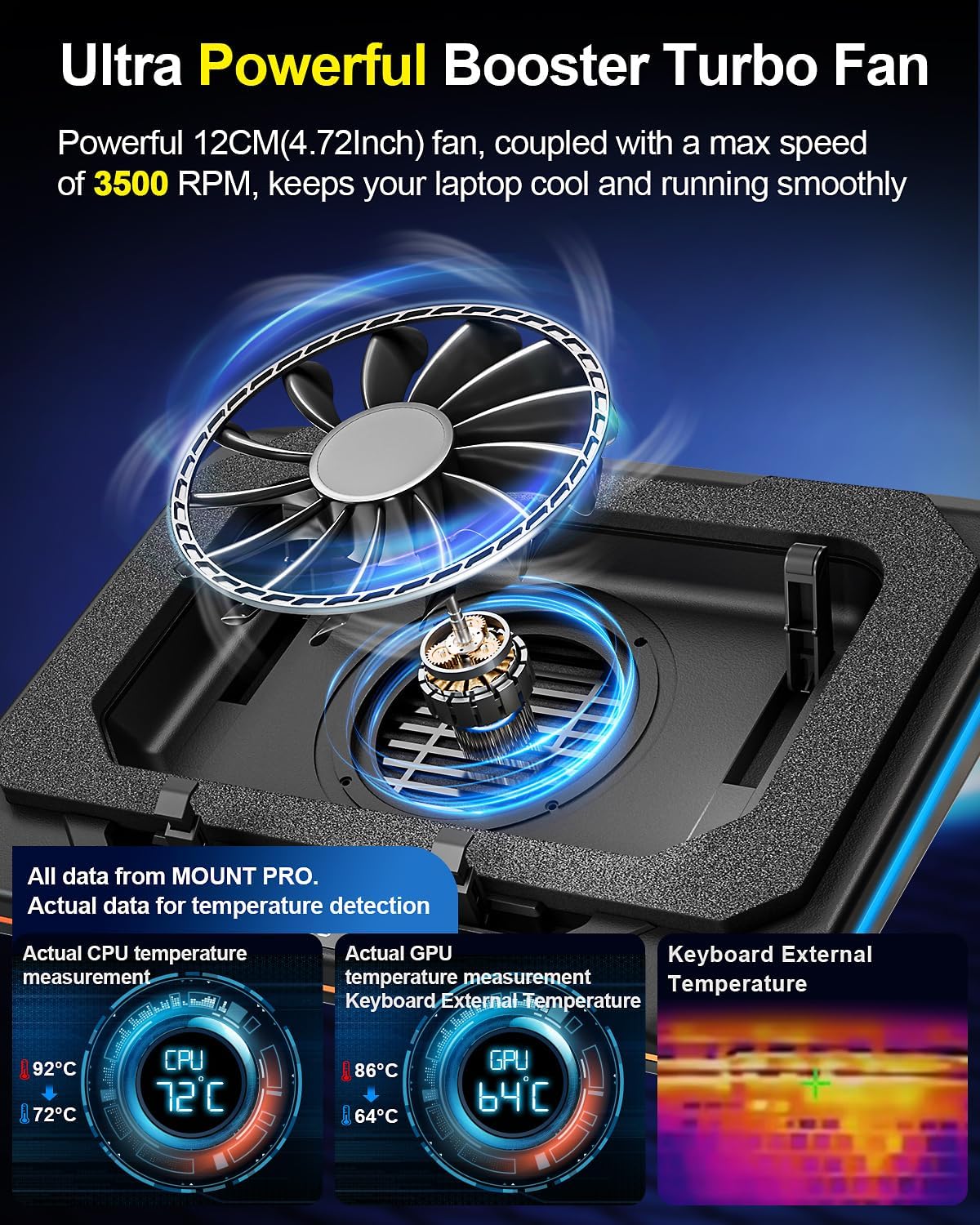 MOUNT PRO Gaming Laptop Cooling Pad, RGB Laptop Cooler Stand with Powerful Turbofan (3500 RPM), Height Adjustable Laptop Fan Cooling Pad for 13-19 Inches Notebook, with Sealed Foam, Touch Control - Image 2