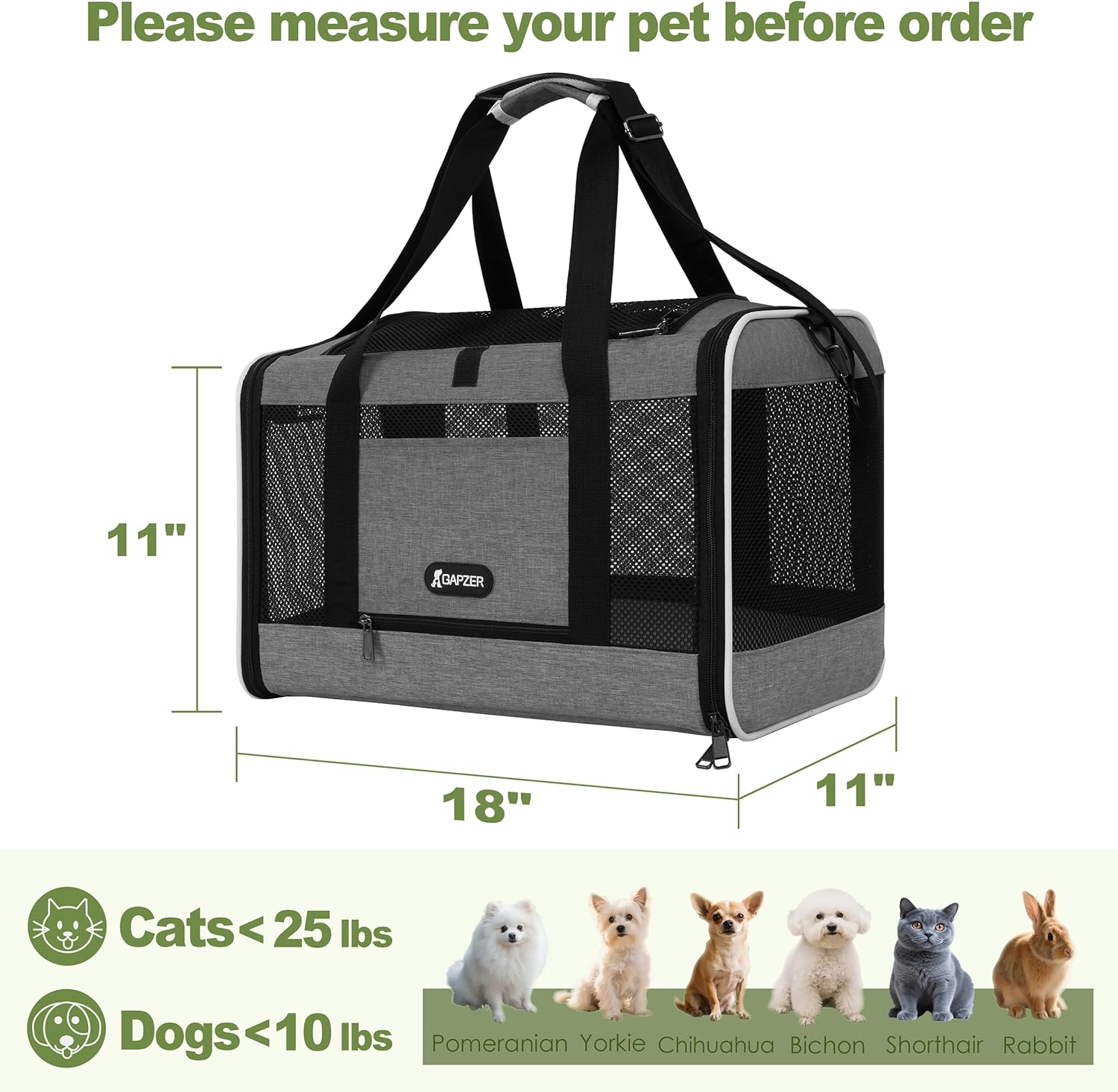 GAPZER Cat Carrier 18x11x11 Top Load Soft Pet Travel Bag Over 15 lbs, Collapsible Small Dog Puppy Crate 10 Pounds, Small Animal Rabbit Kennel Carrying Case, Kitten Mesh Cage Medium Cat Under 25 Grey - Image 2