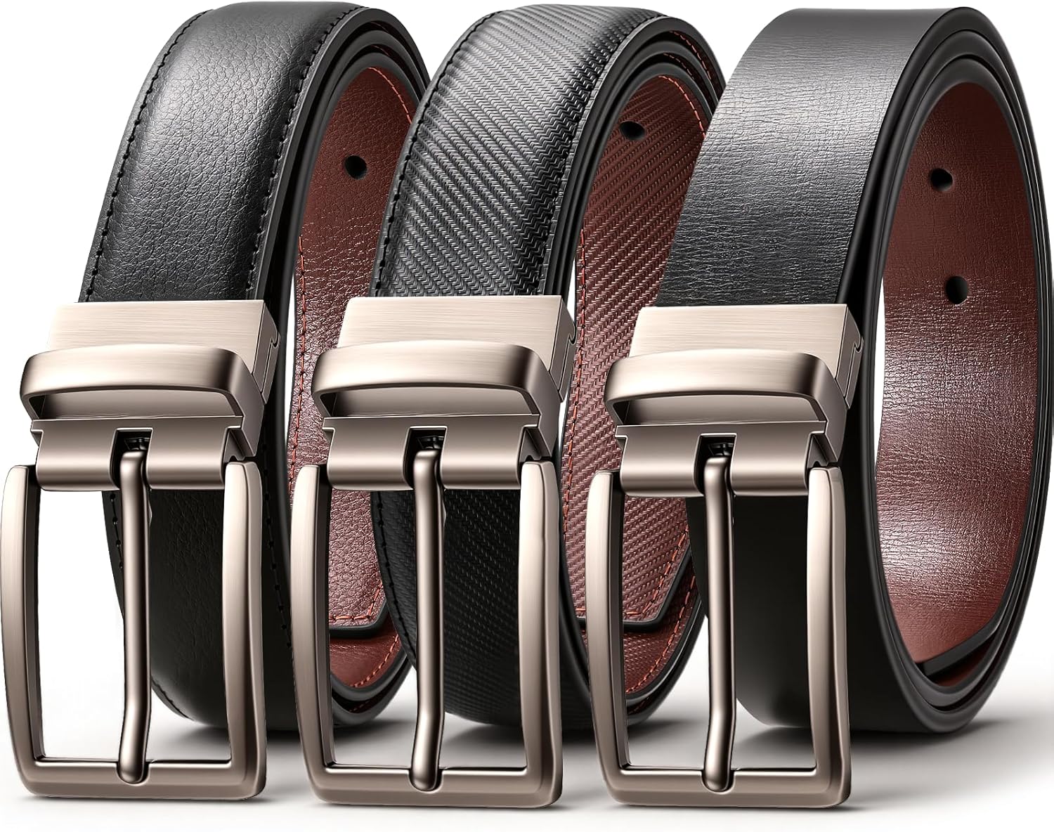 LMUGOOS 3-Pack Men's Reversible Genuine Leather Belt, Adjustable & Cuttable 1.2" for Dress & Jeans, Ideal Gift for Men