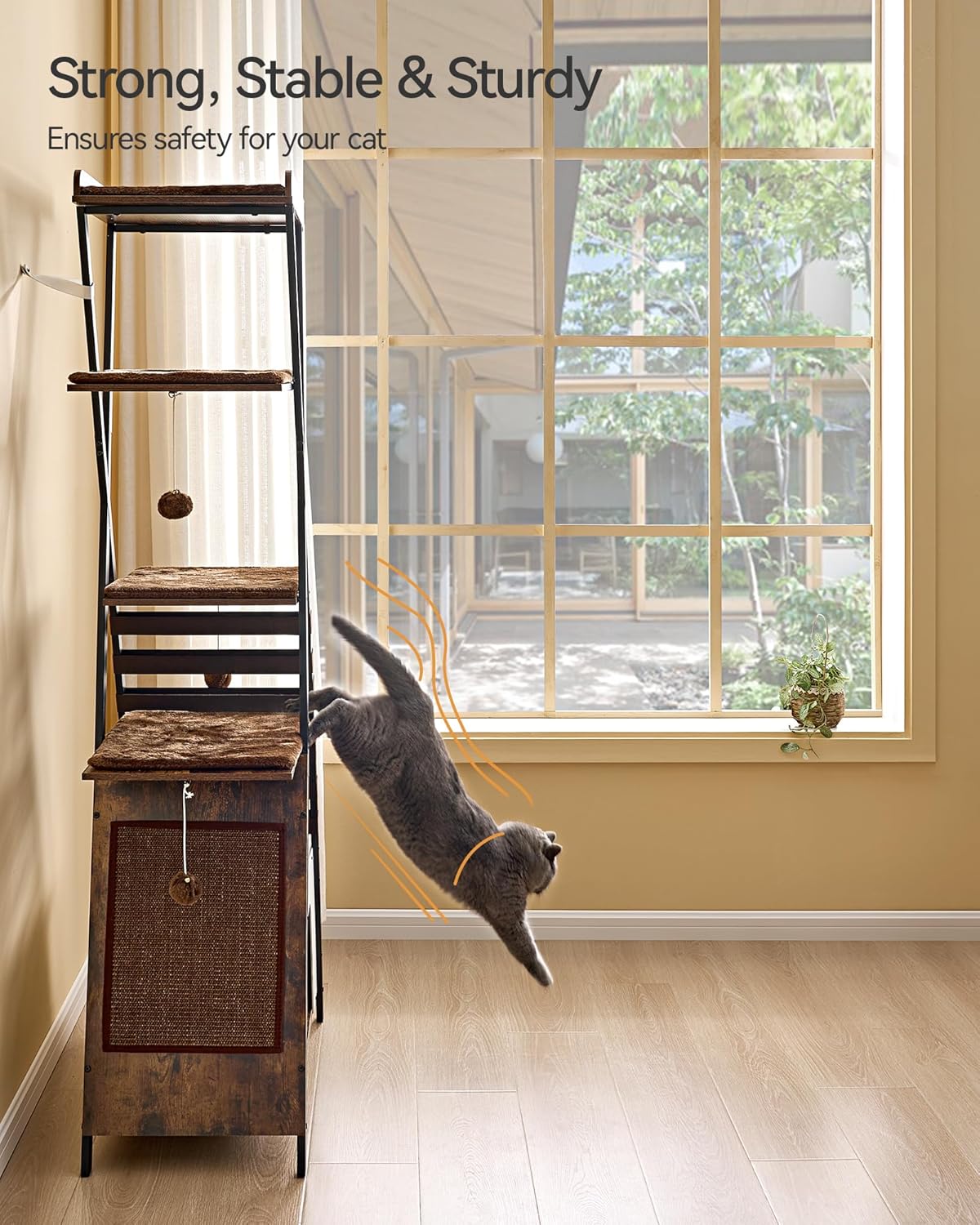 FourFurPets 72.4" Modern Cat Tower for Indoor Cats - Multi-Level Condo With Caves, Tall Tree With Scratching Board, Wooden Tower With Large Perch, Removable Pads, Rustic Brown - Image 4