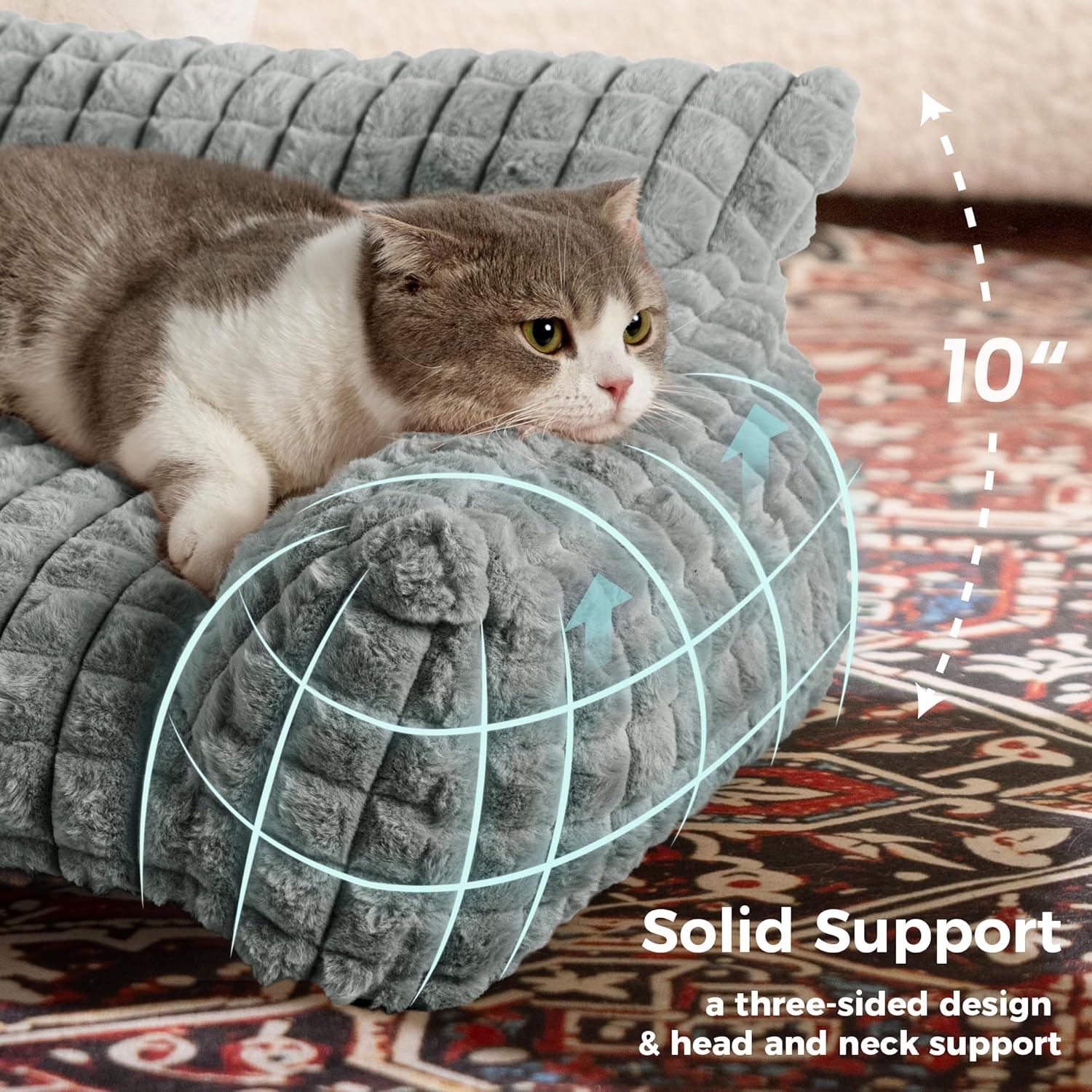Cute Small & Medium Dog Couch Bed – Supportive & Fluffy Pet Sofa with Faux Rabbit Fur Washable Cover in 3D Diamond Pattern, 36" Grey - Image 4