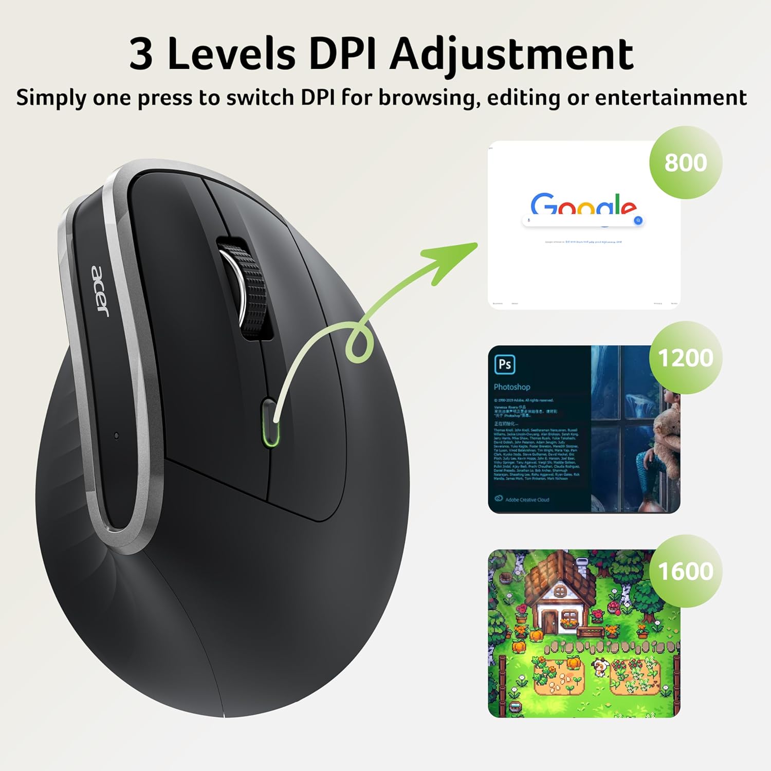 acer Ergonomic Mouse Wireless, Vertical Computer Mouse for Office, Ergo Mice Rechargeable for Medium to Large Sized Hands, 2.4GHz USB Receiver, 800/1200/1600 DPI, 6 Buttons for Laptop, PC and Desktop - Image 6