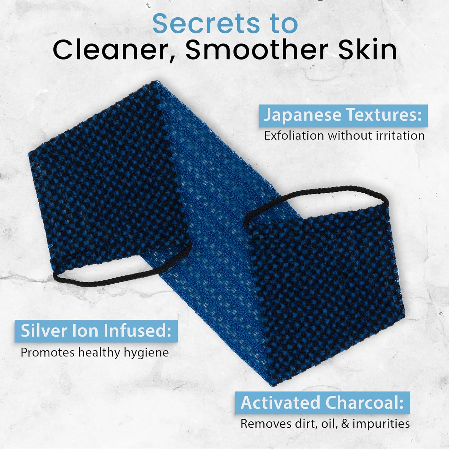 Japanese Exfoliating Washcloth for Back & Body - Charcoal & Silver Ion Exfoliating Towel with Handles - Two-Sided Gentle Exfoliation & Deep Cleansing Soft Body Wash Cloths for Shower - Blue - Image 3