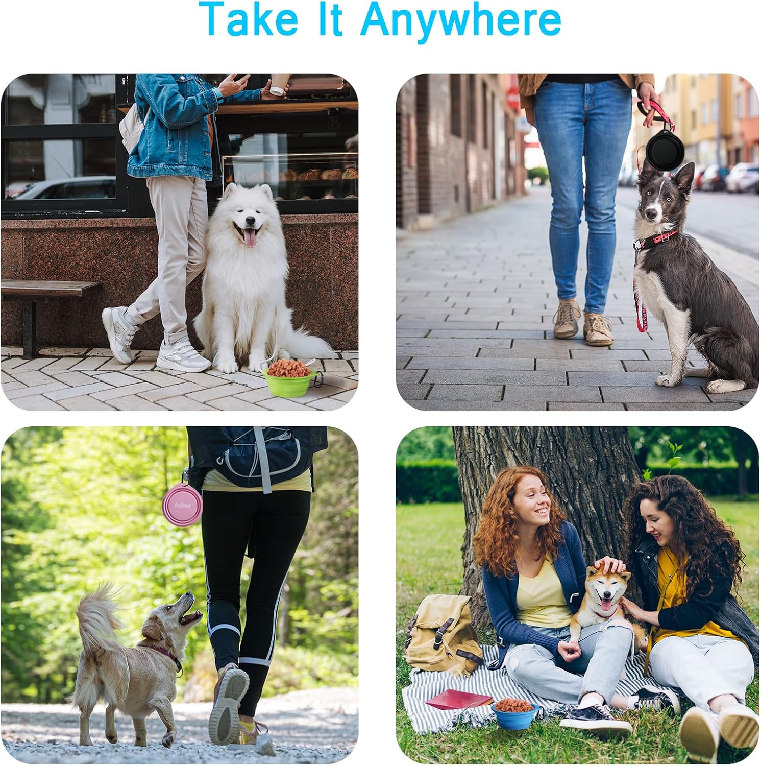 PetBonus 2-Pack Silicone Collapsible Dog Bowls, BPA Free Dishwasher Safe, Portable Foldable Expandable Travel Bowl, Food Water Feeding Cup Dish for Dogs Cats with 2 Carabiners (Turquoise, Tan) - Image 5