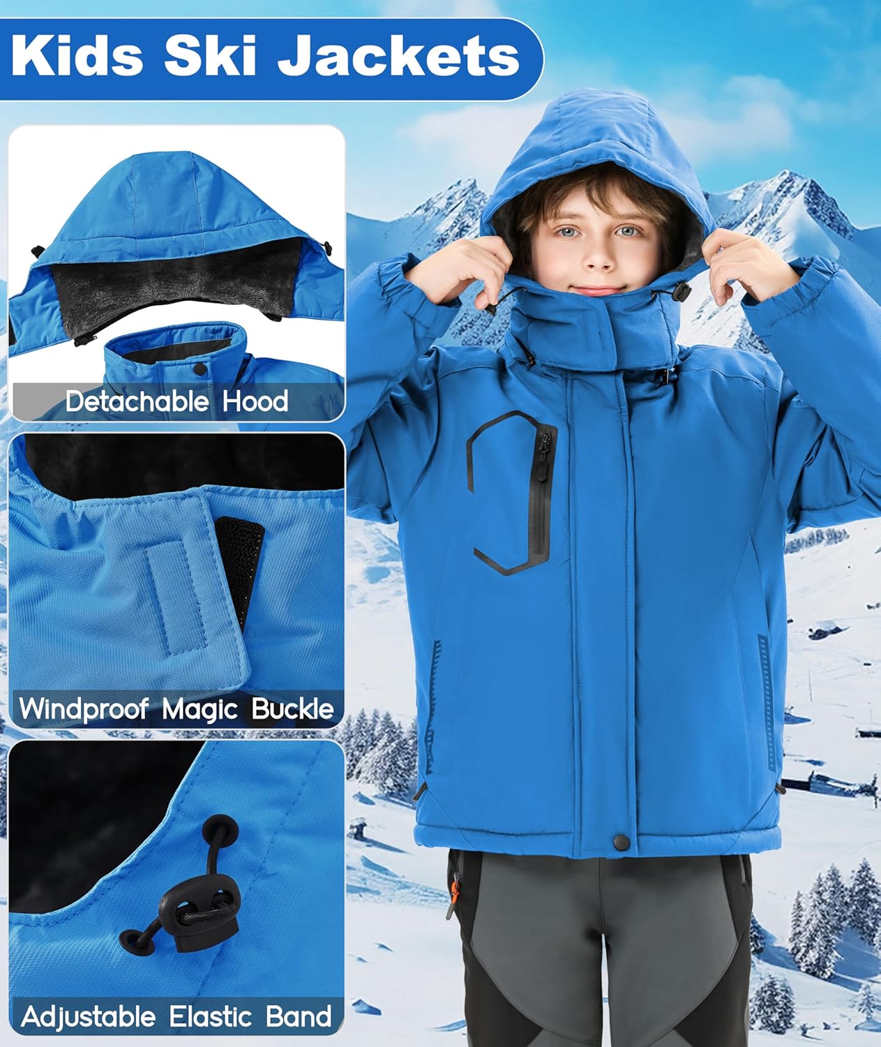 Kids Winter Jackets Warm Fleece Waterproof Snow Jacket with Zipper Pockets Detachable Hood - Image 4