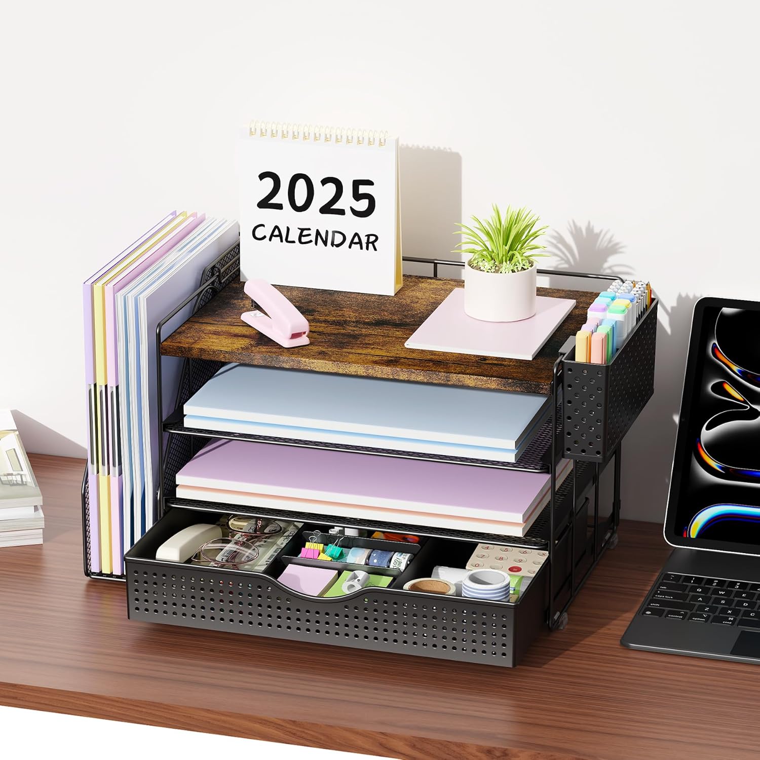 gianotter Wood Desk Organizers and Accessories with File Holder, 4-Tier Desk Accessories & Workspace Organizers with Drawer and Pen Holder, Desk Reference Organizer (Wood) - Image 5