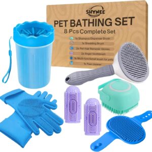 8PCs Dog Grooming Kit – Dog Shampoo Brush | Washing Gloves | Adjustable Dog Bath Brush | Dog Paw Cleaner | 2X Toothbrush | Dog Scrubber For Bath & Massage – Grooming & Bath Supplies for Dogs and Cats