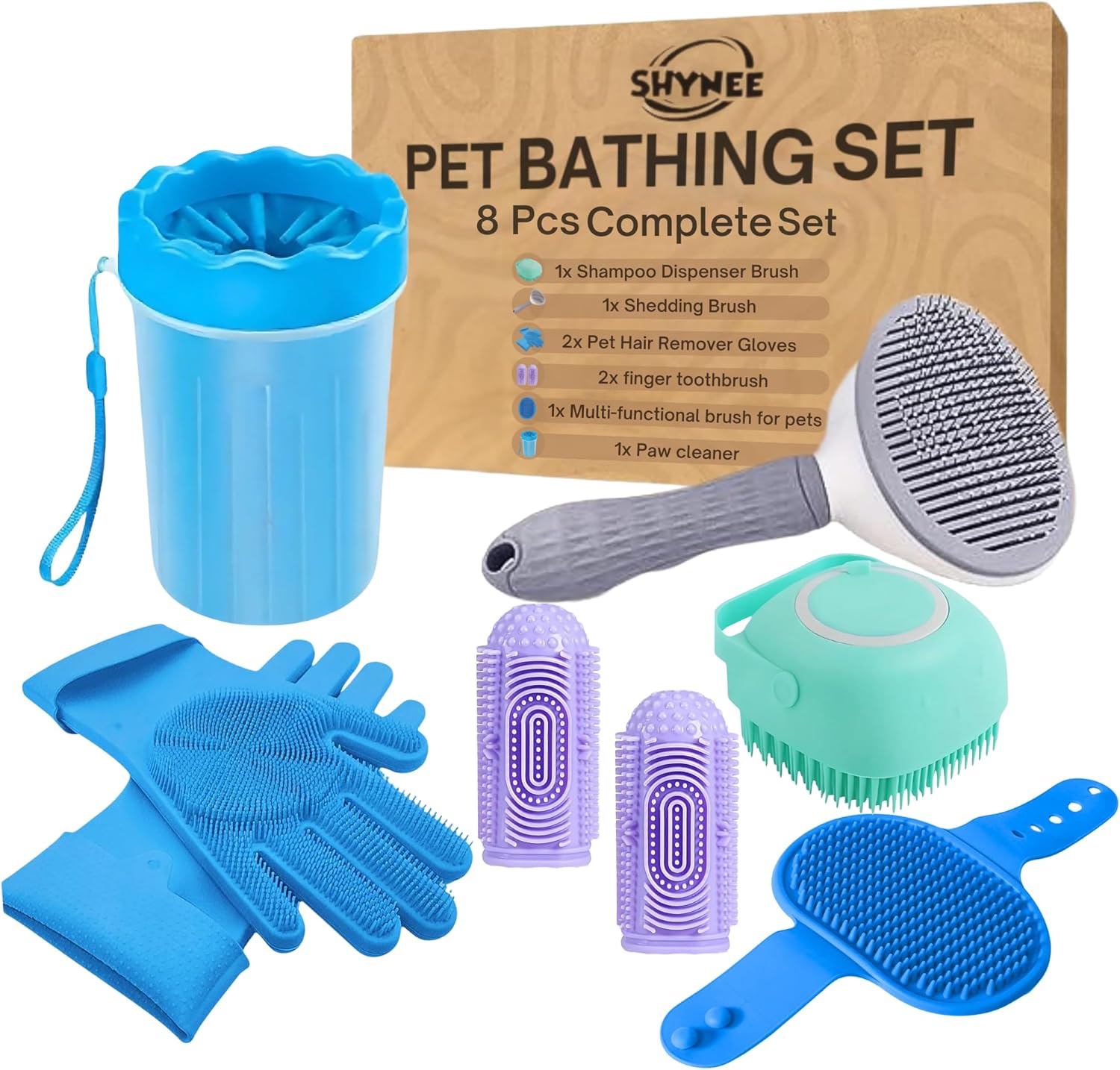 8PCs Dog Grooming Kit - Dog Shampoo Brush | Washing Gloves | Adjustable Dog Bath Brush | Dog Paw Cleaner | 2X Toothbrush | Dog Scrubber For Bath & Massage - Grooming & Bath Supplies for Dogs and Cats