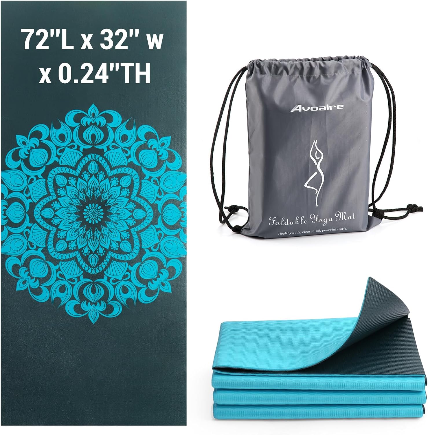 Avoalre Folding Yoga Mat, 72"x 32"x 0.24" Extra Wide Non-Slip Exercise Fitness Yoga Mats, Eco-Friendly High Density 6mm Thick Print Pilates Mat with Carrying Bag for Women Men Home Workout