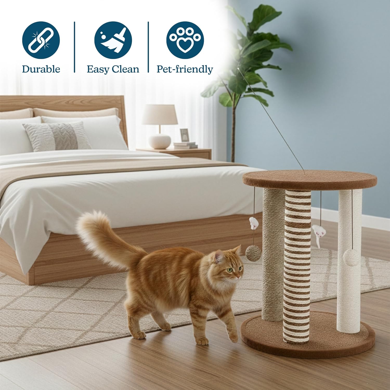 Cat Scratching Post - 3 Scratcher Posts with Carpeted Base Play Area and Perch - Furniture Scratching Deterrent for Indoor Cats by PETMAKER (Brown), Large - Image 5