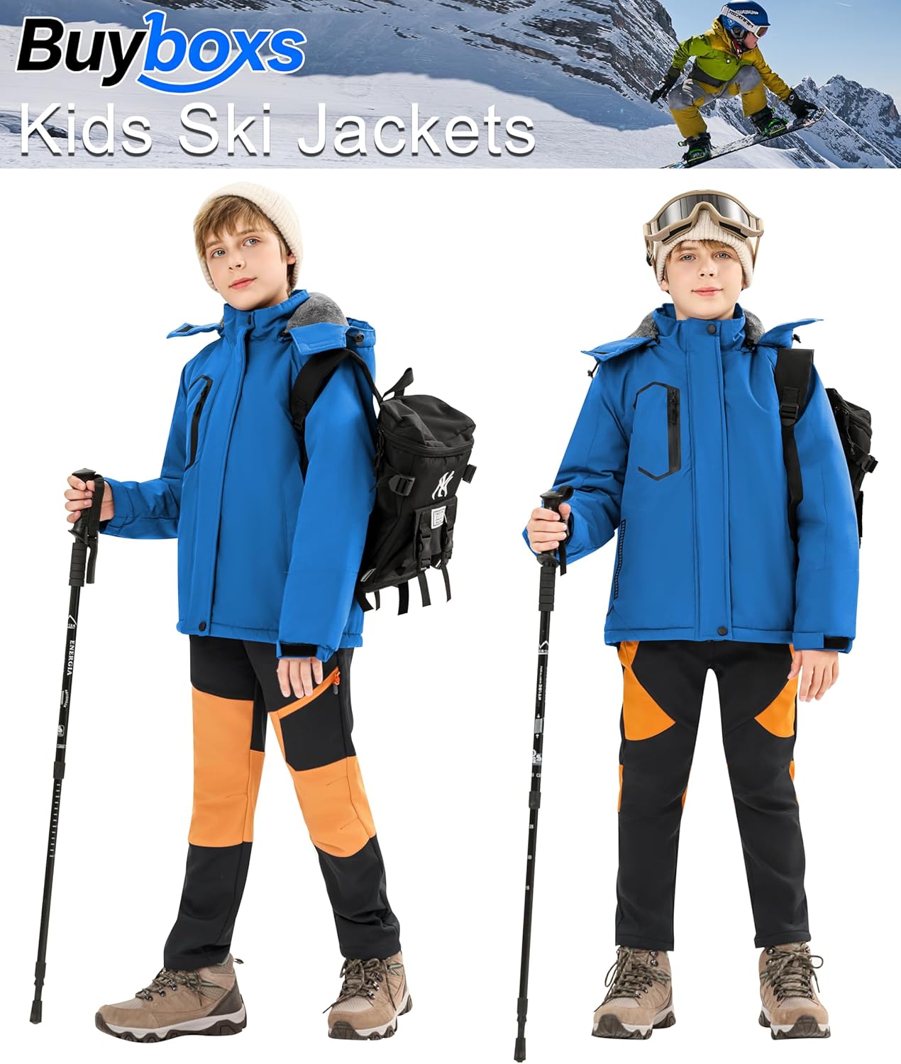 Kids Winter Jackets Warm Fleece Waterproof Snow Jacket with Zipper Pockets Detachable Hood - Image 2