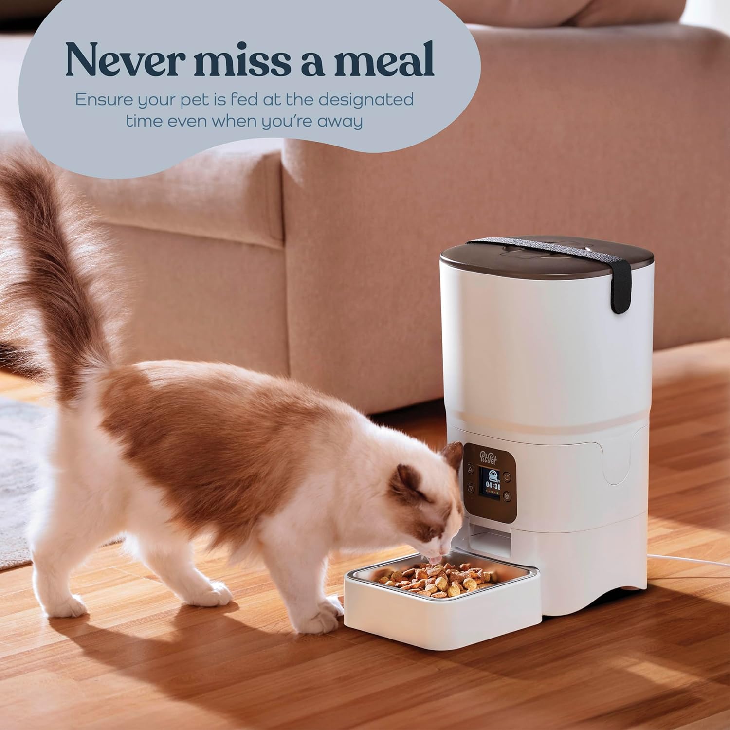 Smart Automatic Cat Feeder - 6-L Reliable Automatic Cat Food Dispenser with Display LCD Screen for Easy Set Up - (White) - Image 2