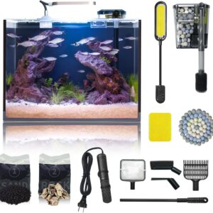 Wonderfactory 5 Gallon Small Aquarium Set Glass Fish Tank 6 Gallon, Starter Kit with Heater Water Pump Cleaning System Filter Bright Light Rocks Gravel Cleaning Tool, Clear Rimless Betta Plants