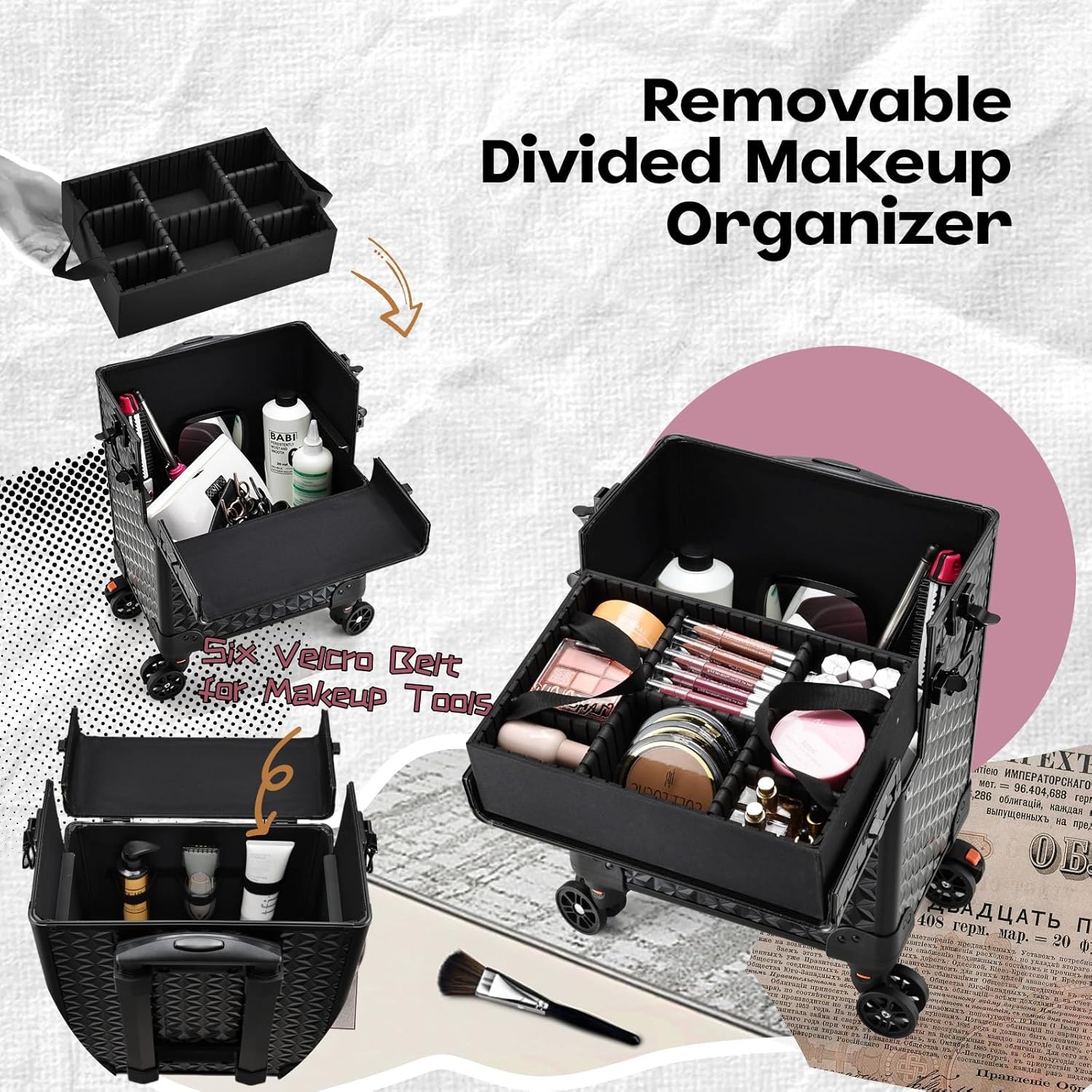 Yueieoun 5 in 1 Makeup Train Case, Cosmetology Case on Wheels Travel Make up Case Rolling Nail Cart Makeup Organizer Cosmetic Storage Box Cases Extra Large Trolley Truck with 360° Swivel Wheels, Black - Image 3