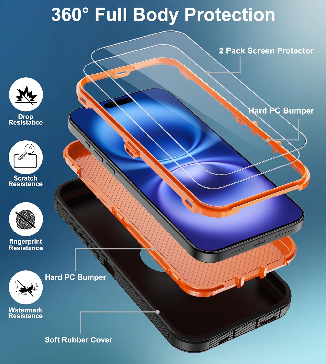 for iPhone 16 Case, with 2 Screen Protector Heavy Duty Drop Protection, Full Body 3 Layer Rugged Shockproof Dust-Proof Tough Protective Phone Cover for Apple iPhone 16 (Black/Orange) - Image 3