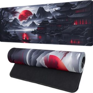 FreeNook Large Gaming Mouse Pad, Anime Black Mousepad with Stitched Edges, Expanded Cool Desk Mat, Japanese Red Moon XL Keyboard Mat Suitable for Home Office,31.5 X 11.8 Inch