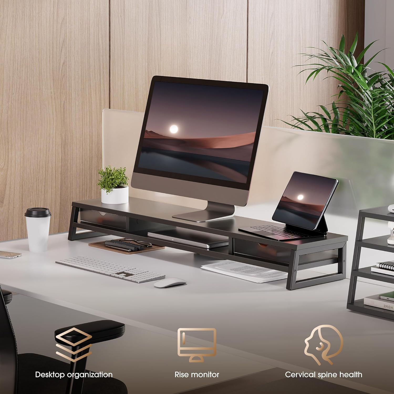 Fenge Dual Monitor Stand, Monitor Riser with Drawer, 42.5 Inch Large Computer Monitor Stand for 2 Monitors, 2 Tier Wooden Desk Shelf for Top of Desk - Image 7