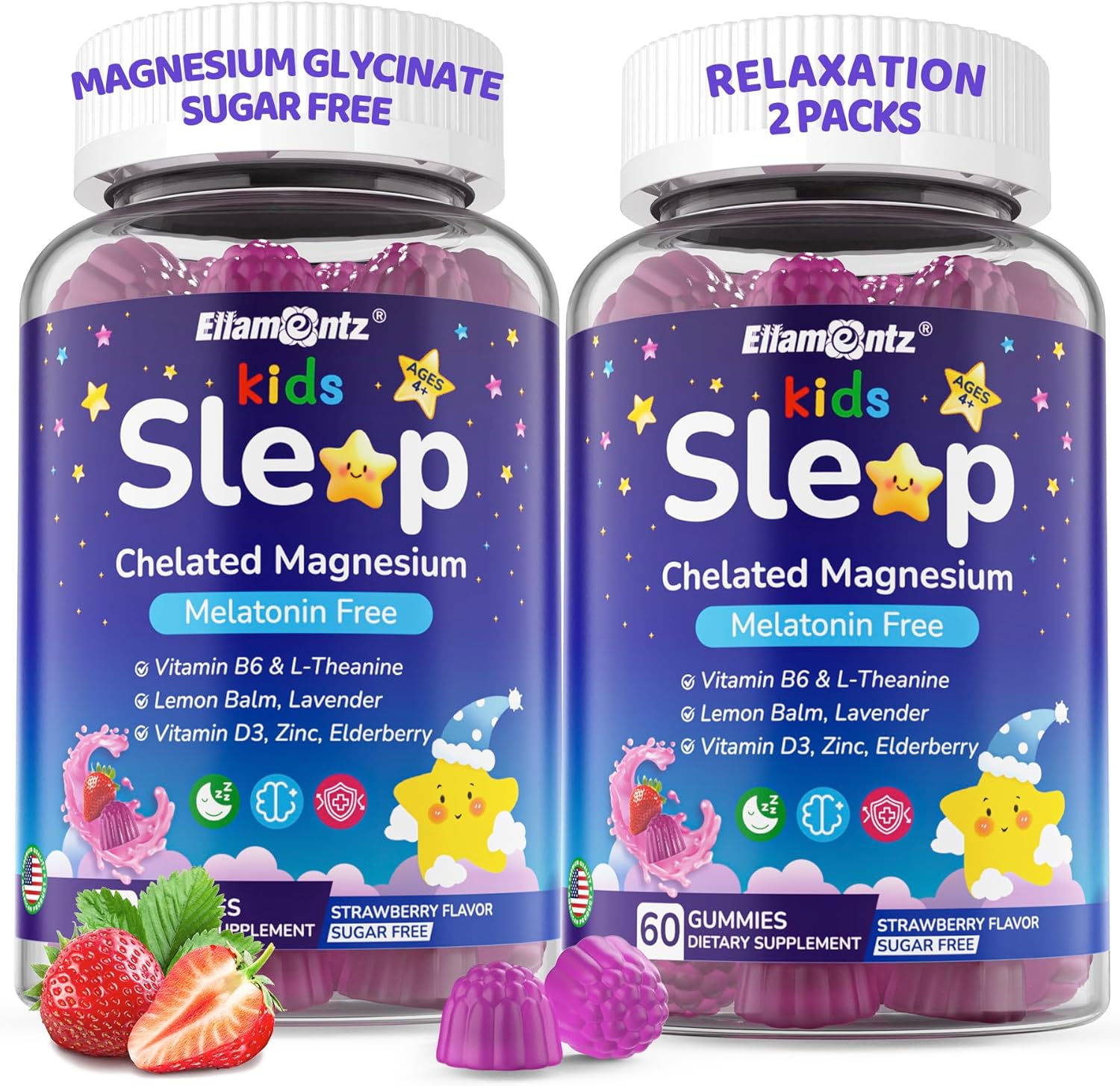 Kids Sleep Gummies, NO Melatonin Sleep Aid Gummies w/ Magnesium Glycinate, Magnesium Malate, L-Theanine, Lavender, B6, Zinc, D3K2 for Restful Sleep, Relax Brain & Muscle, Immune Support, Non-GMO 2Pack