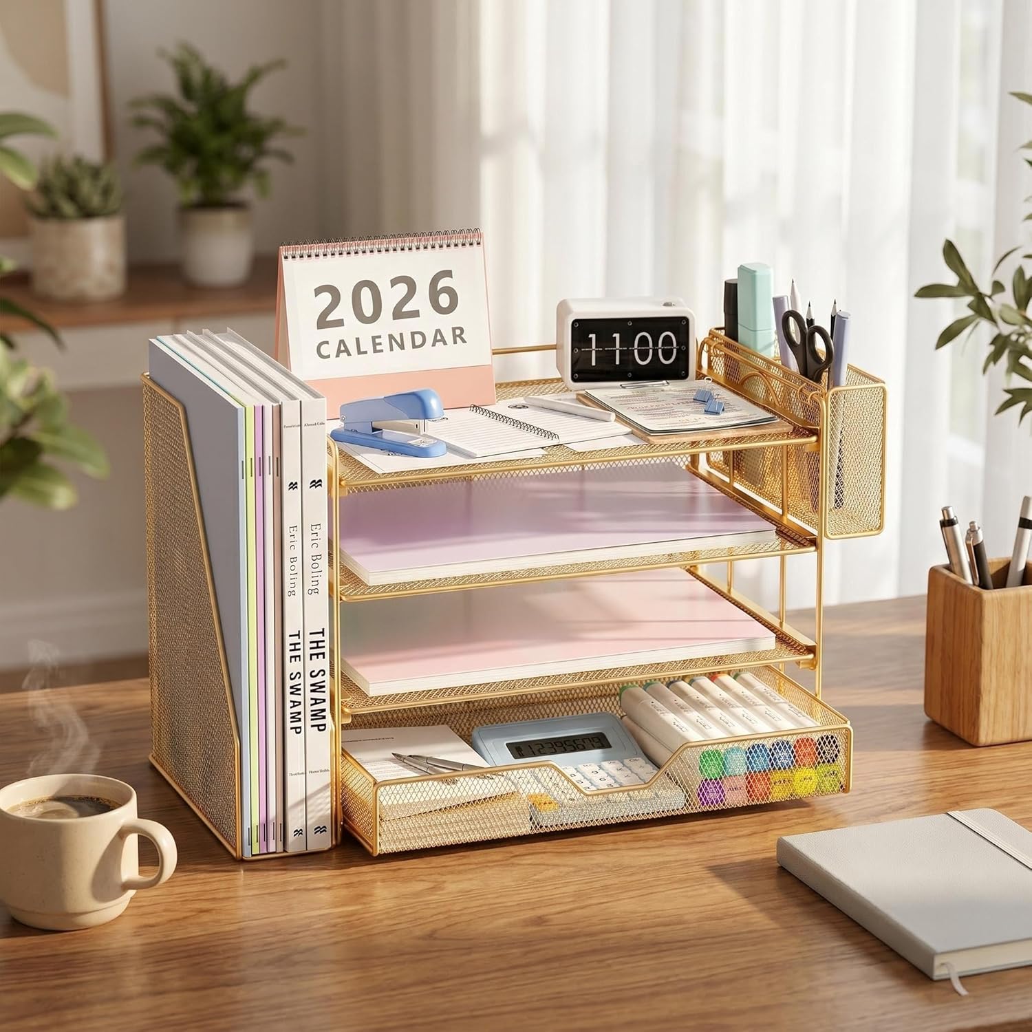 OPNICE Desk Organizers and Accessories, 4-Tier Office Desk Accessories & Workspace Organizers with Drawer and Pen Holder, Desktop Paper Tray File Organizer for Home Office Supplies, Gold - Image 3
